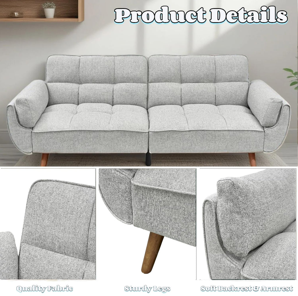 Trygoal Convertible Futon Sofa Bed, Modern Futon Couch with 2 Pillows, Small Futons Couch with Adjustable Armrest & Backrest, Loveseat Sofa Bed for Living Room, Bedroom, Gray