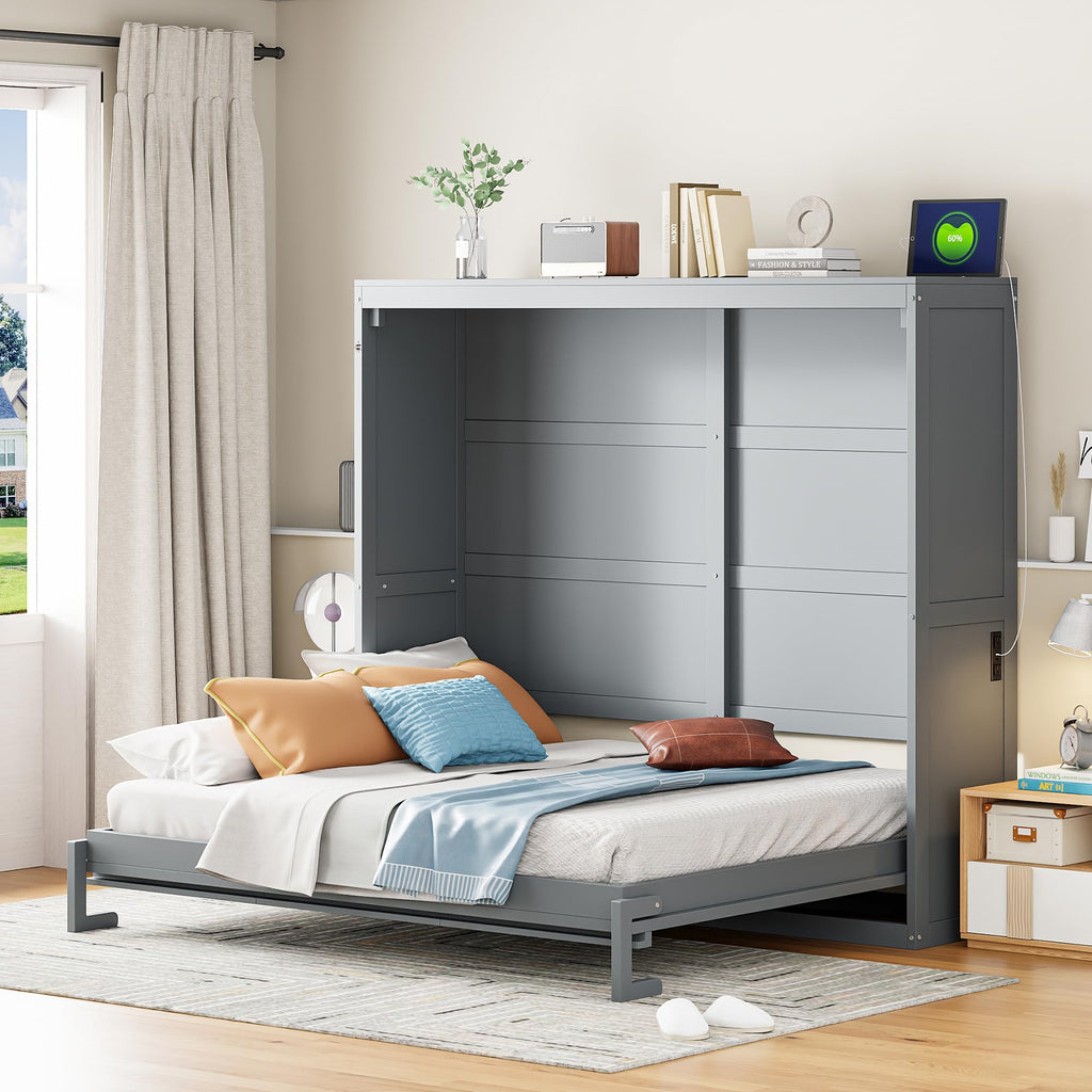 Ball & Cast Full Size Wall Cabinets Murphy Bed with Charging Station and Slat Support,Wood Hideaway Cabinet Platform Beds w/Leg & Lock,can be Folded,Space-Saving,for Small Room,Dorms,Gray
