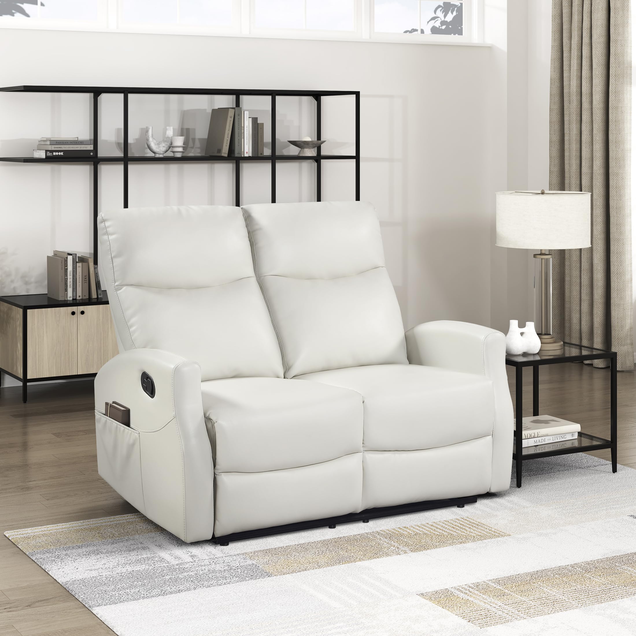 Lexicon Manual Reclining Loveseat, Faux Leather Loveseat Recliner, Wall Hugger, Magazine Pocket, Manual Dual Recliners for Living Room/Theater Seating/Apartment, Easy Assembly, Beige