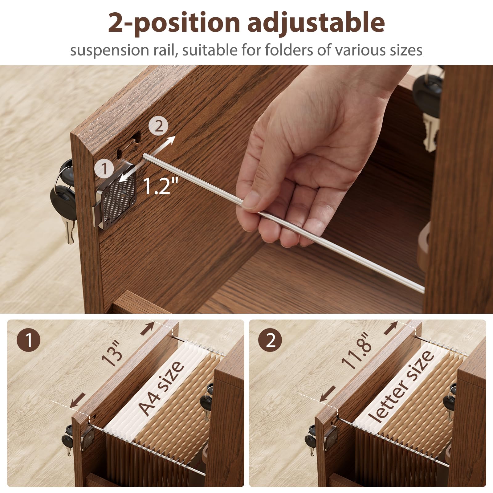 KungFuWood Wheeled Double-Drawer Filing Cabinet, Lockable Mobile File cabinets, Suitable for Home Offices or Storage cupboards for Storing Legal documents or Letter-Sized Files.