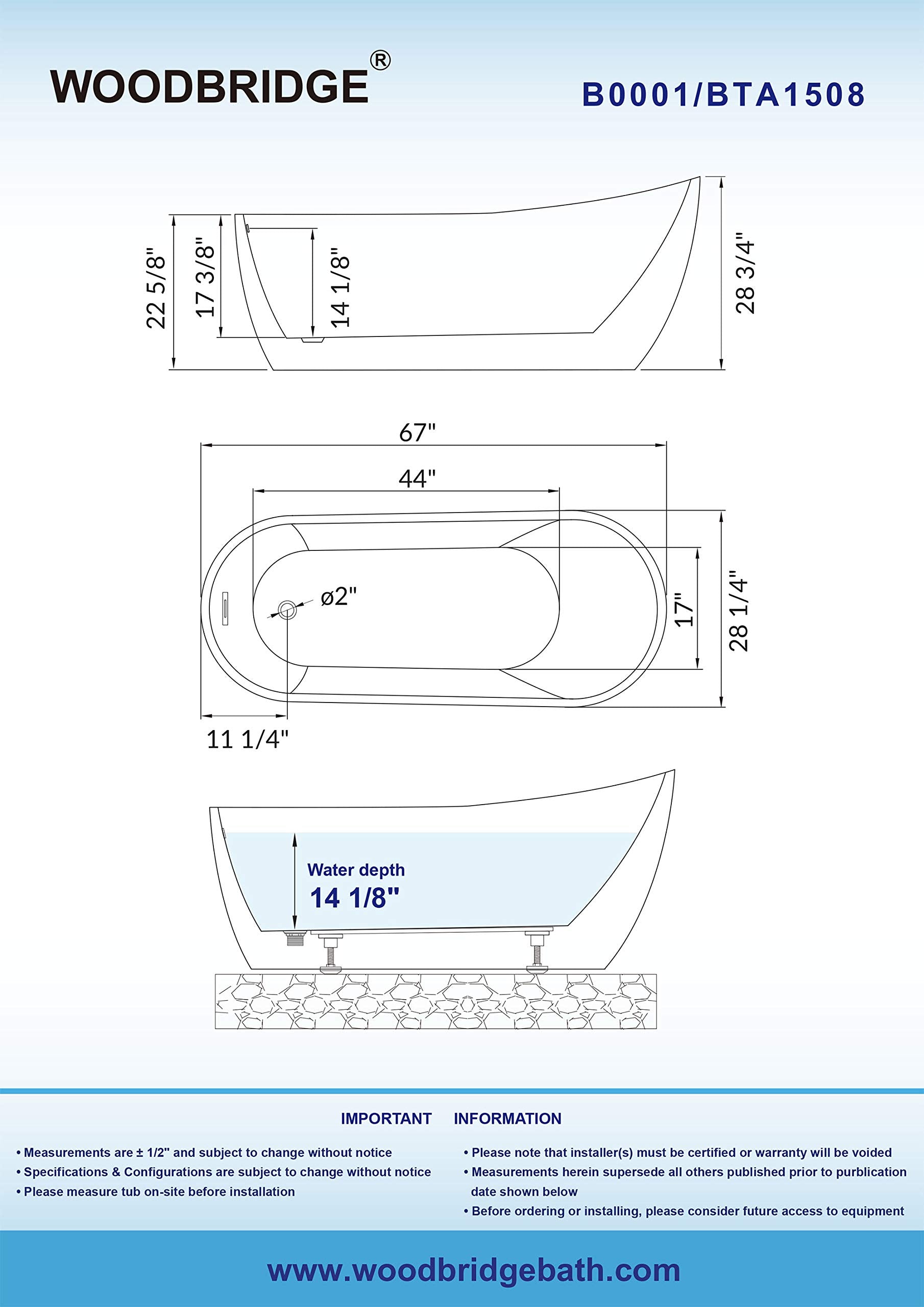 WOODBRIDGE 67" Acrylic Freestanding Bathtub Contemporary Soaking White Tub with Matte Black Overflow and Drain，B0001 -MB-Drain &O