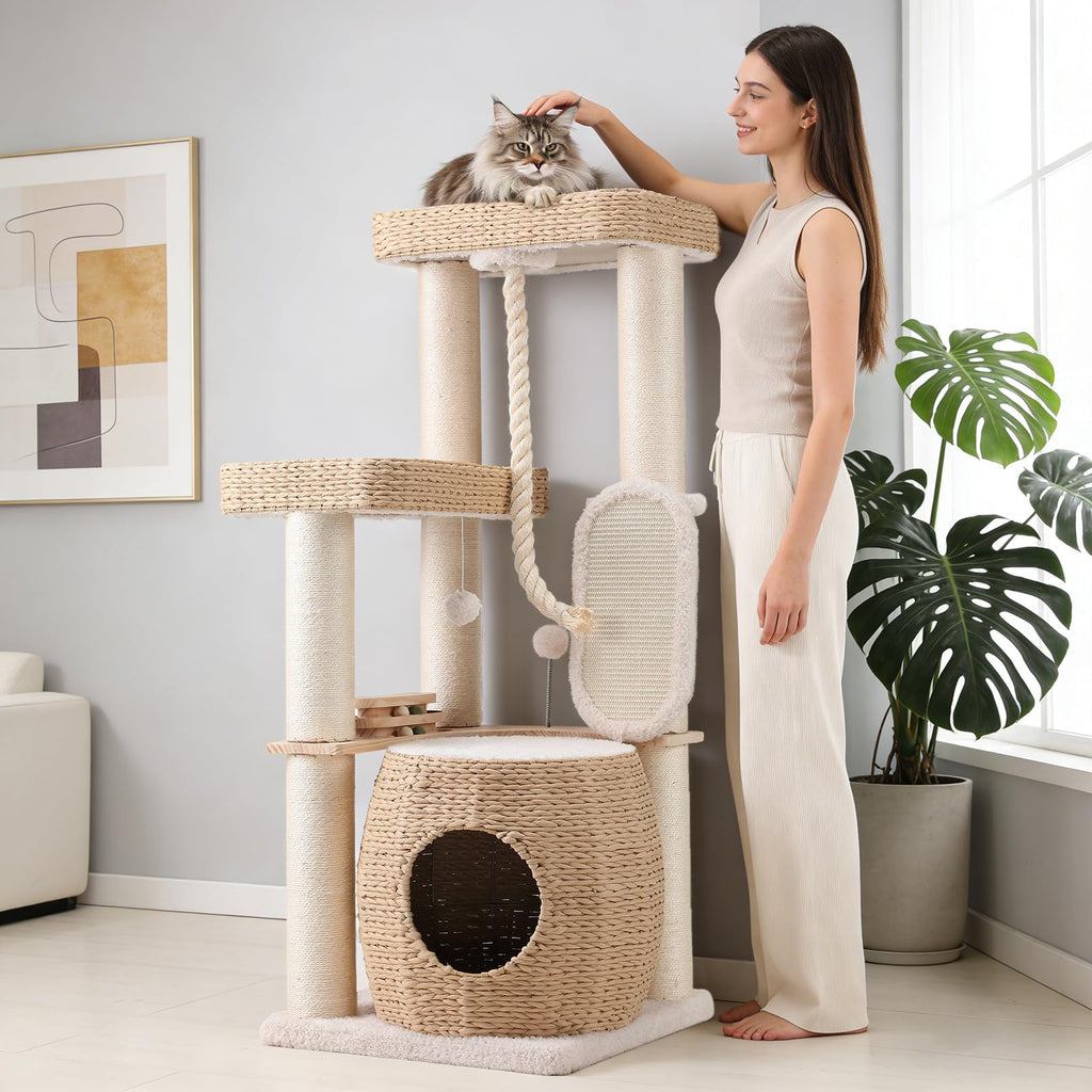 EMUST Luxury Modern Cat Tree Tower 50IN - Heavy-Duty Multi-Level Cat Condo with Extra-Large Hand-Woven Rattan Bed & Thickened Scratching Post for Indoor Cats Large Adult