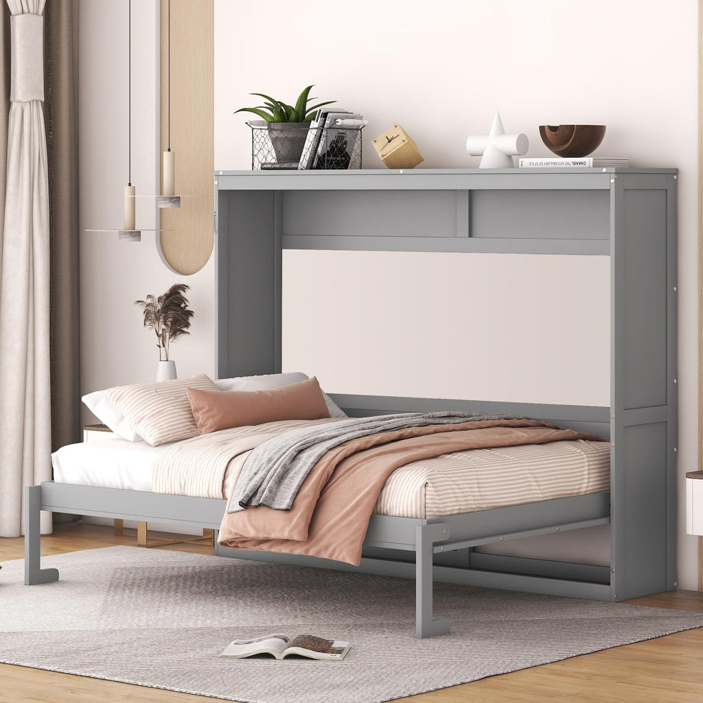 Merax Modern Murphy Cabinet Bed, Solid Wood Wall Platform Bed/No Box Spring Needed/Easy Assemble/Full,Gray