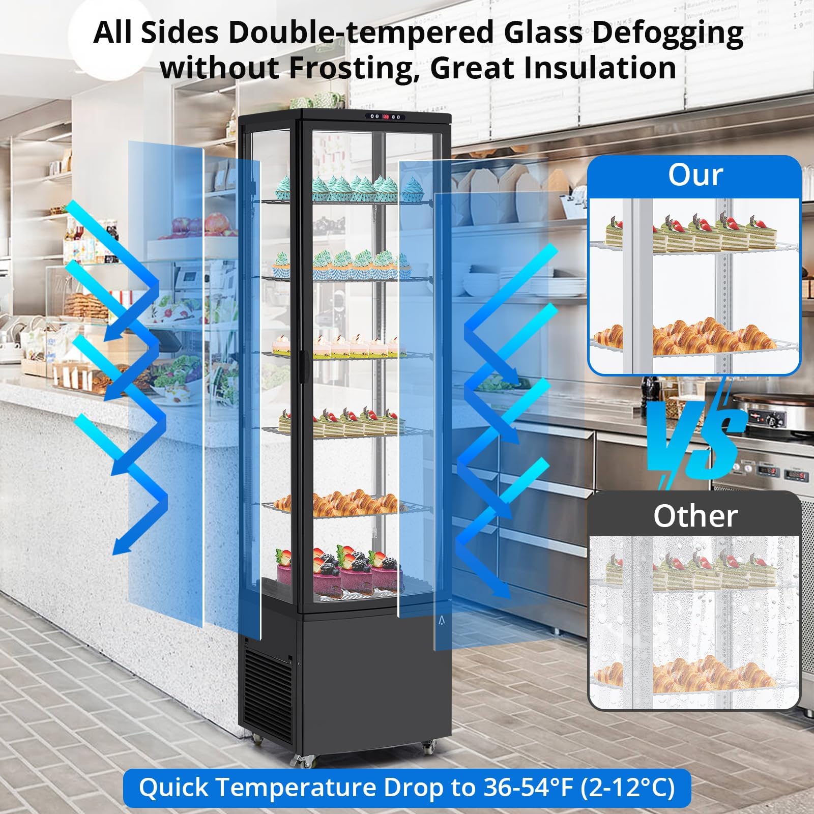 10.5 Cu.Ft Refrigerated Display Case, Floor-Standing Display Refrigerator with LED Light and Adjustable Shelves, Commercial Display Fridge with Casters for Cakes, Coffee, Bakery, Supermarkets, Store