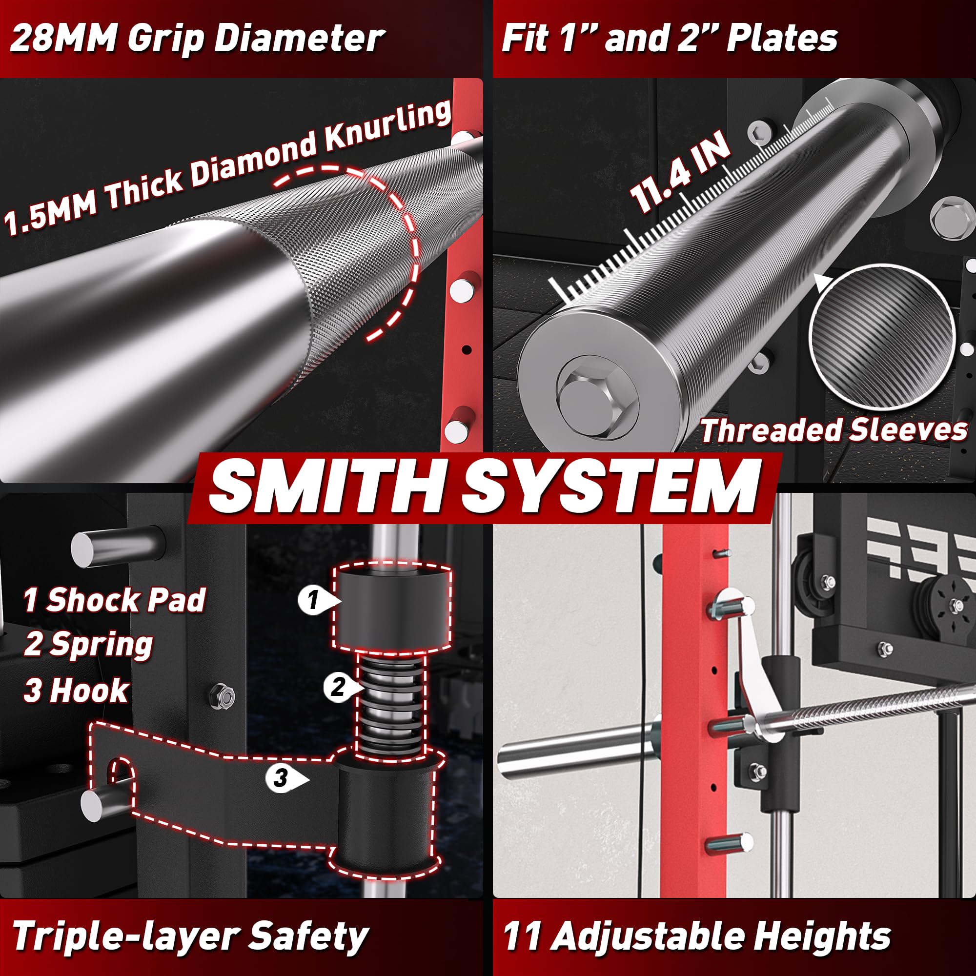 RitKeep PMAX-4750 Smith Machine with Jammer Arms and Leg Press Board, Adjustable 1:1 and 2:1 Pulley Ratios, 1800 LB Capacity,Multi-Function Commercial and Home Gym Equipment for Strength Training