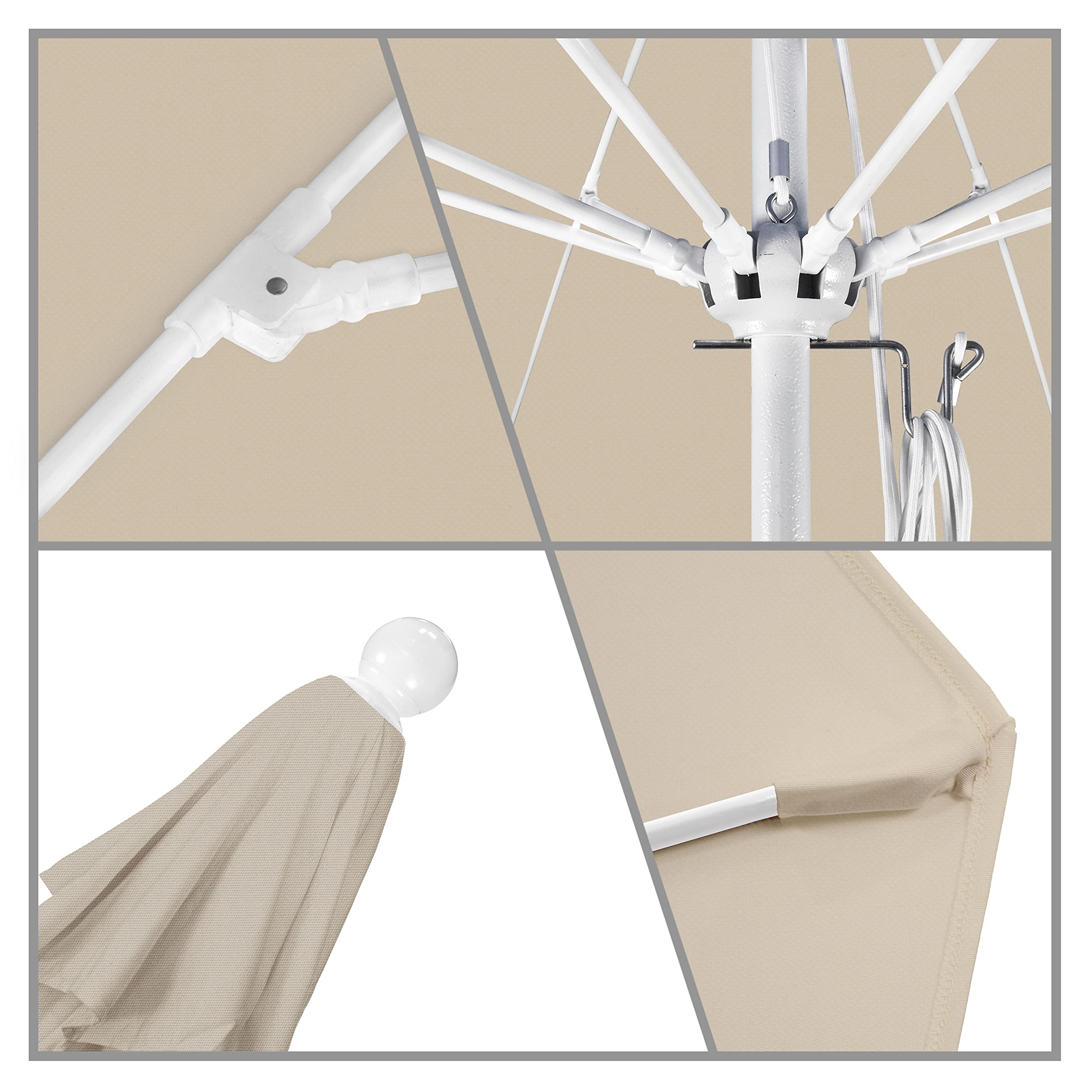 California Umbrella 9' Round Aluminum/Fiberglass Umbrella, Push Open, White Pole, Olefin Antique Beige