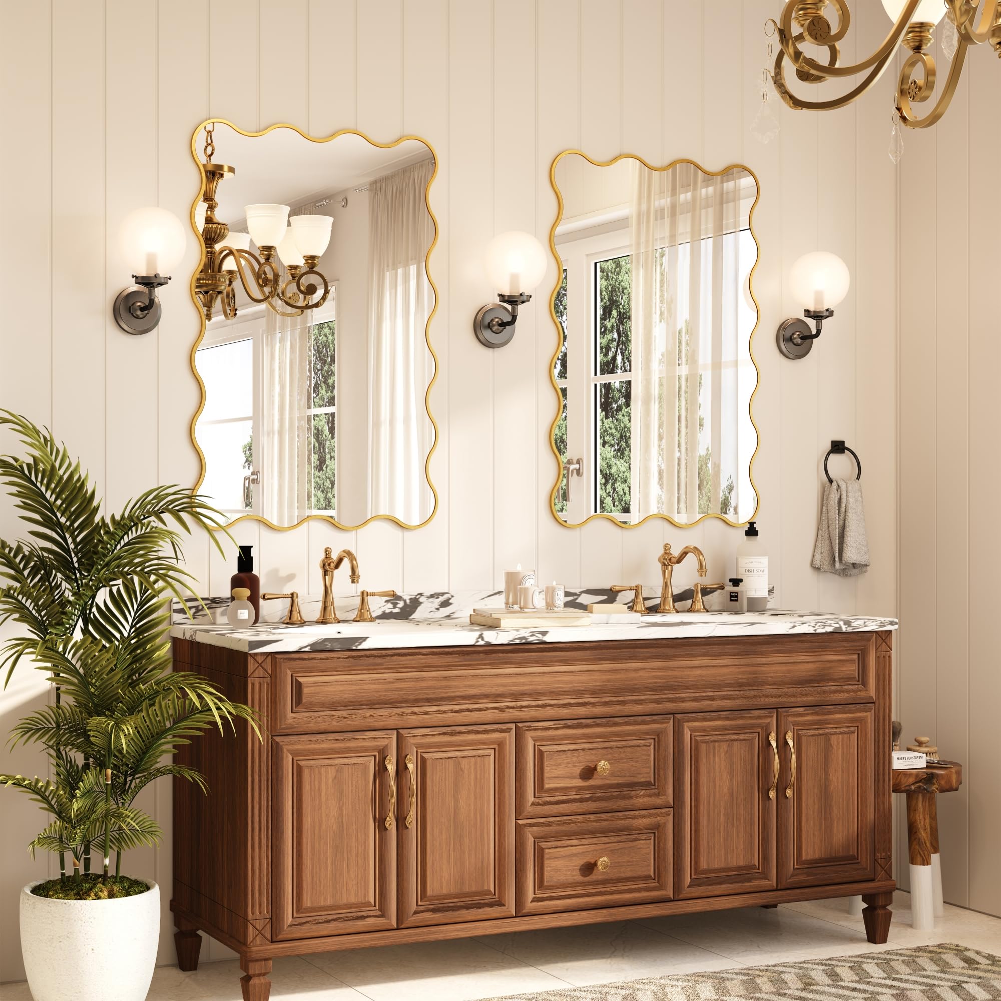 Kelly Miller 32x48 Inch Gold Scalloped Mirror, Large Rectangular Wavy Edge Bathroom Vanity Wall Mirror Decorative for Bedroom Living Room Entryway Fireplace Mantle