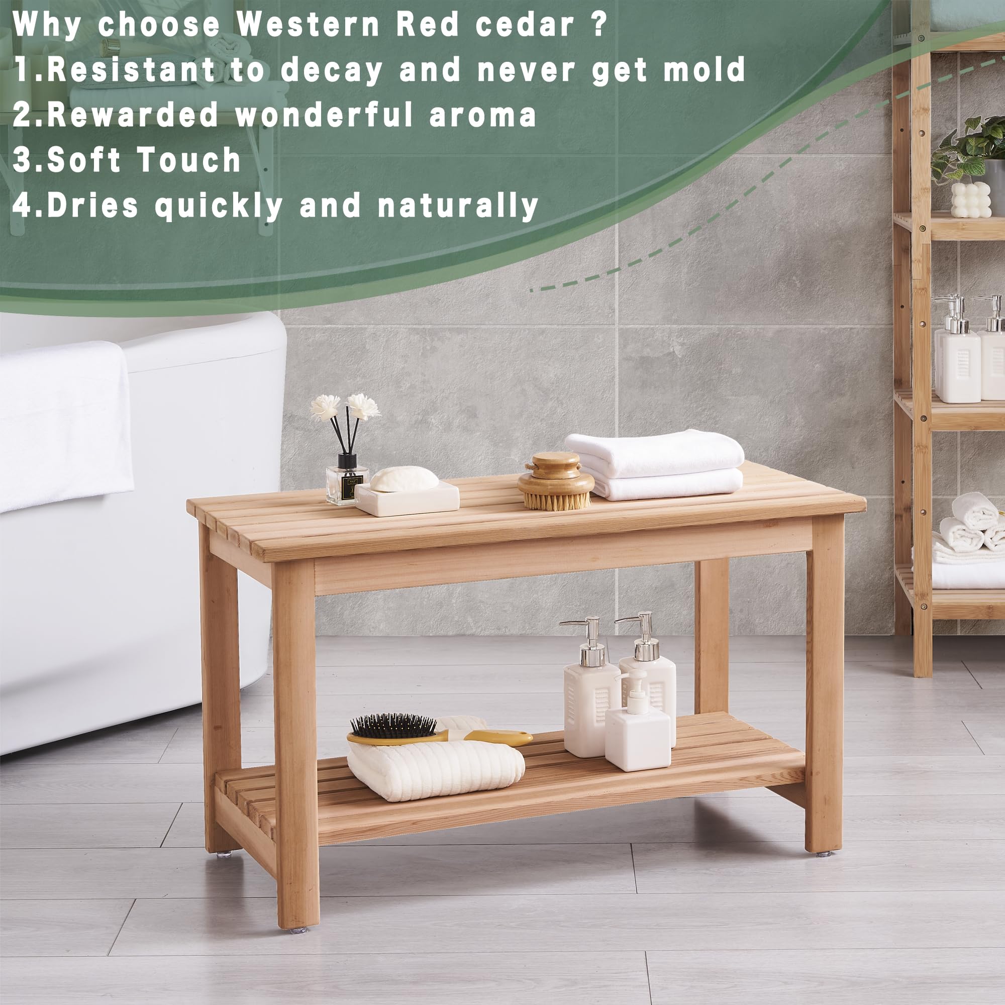 bingaai Western Red Cedar Sauna & Shower Bench 31.5" Fully Assembled – Strong, Durable, Soft-Touch, Insulating Cedar Wood Bench for Bathroom, Sauna, Indoor & Outdoor Use