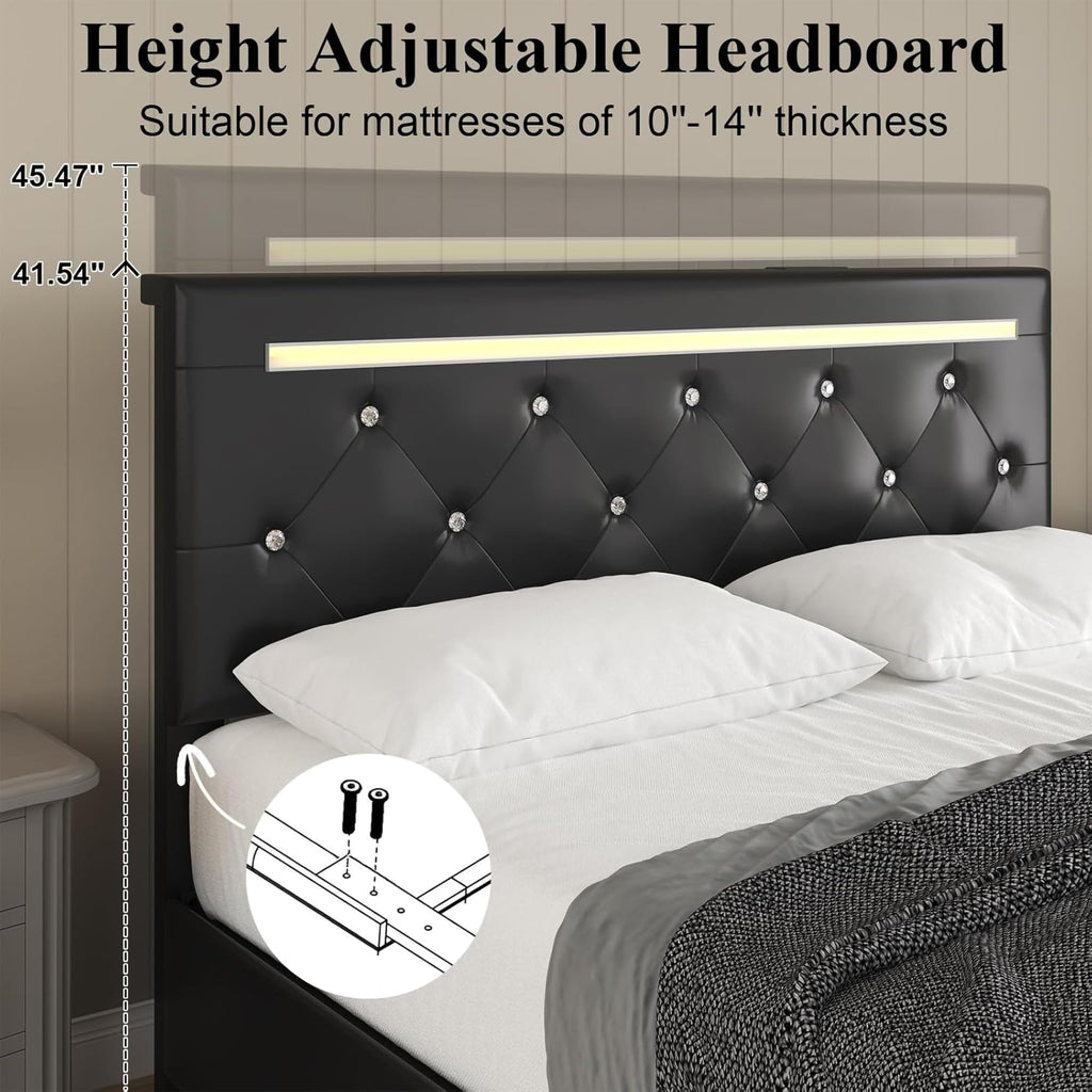FammyLoft Queen Size Bed Frame, PU Upholstered Bed Frame with RGB LED and 4 Storage Drawers, Platform Bed Frame with Adjustable Headboard, Charging Outlet, Diamond Crystal Button, Black