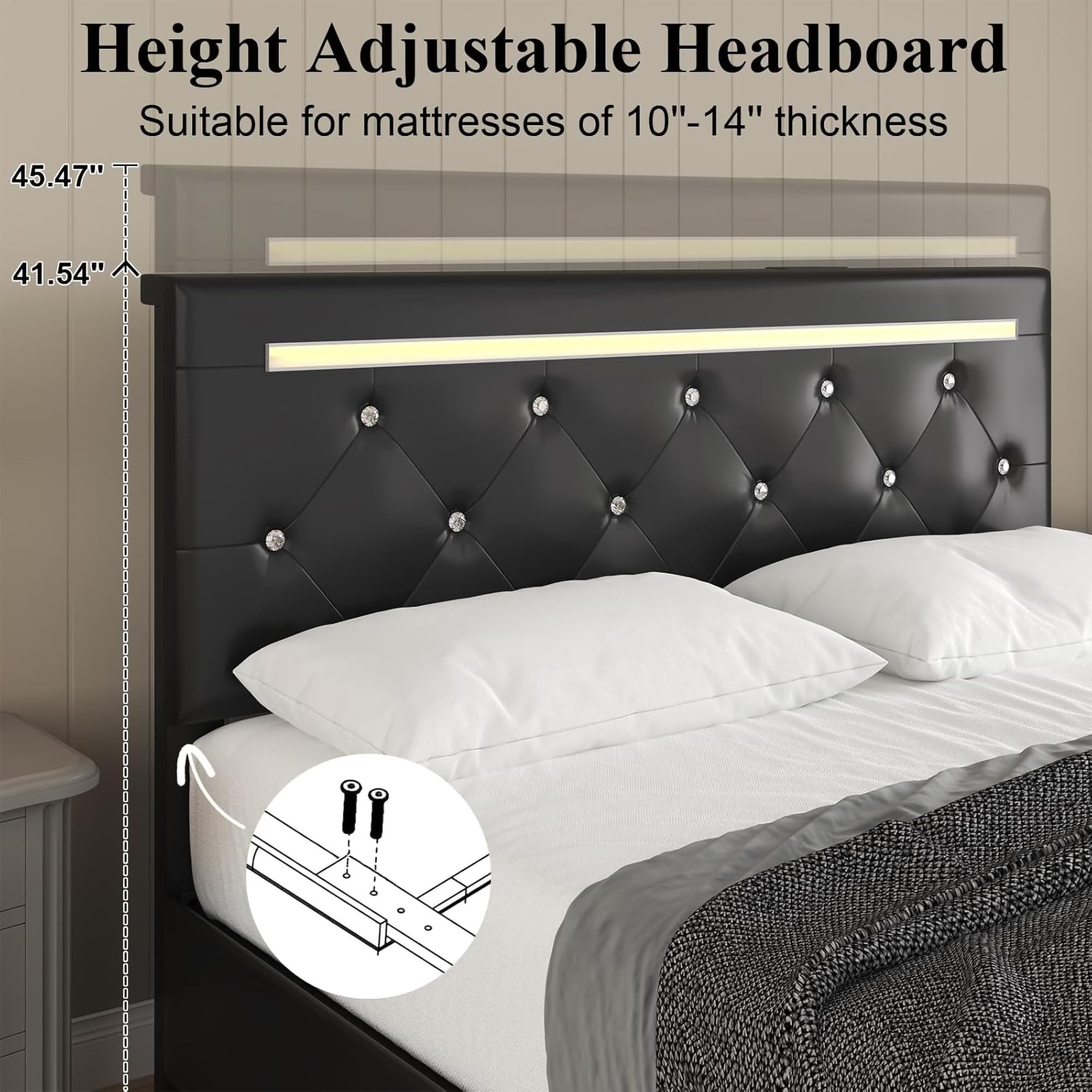 FammyLoft Queen Size Bed Frame, PU Upholstered Bed Frame with RGB LED and 4 Storage Drawers, Platform Bed Frame with Adjustable Headboard, Charging Outlet, Diamond Crystal Button, Black