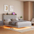 GarveeHome Floating Bed Frame Full with LED Lights & USB Charging Station – Modern Upholstered Platform Bed with Headboard, Solid Wood Slats Support, No Box Spring, Easy Assembly, Noise-Free, Grey