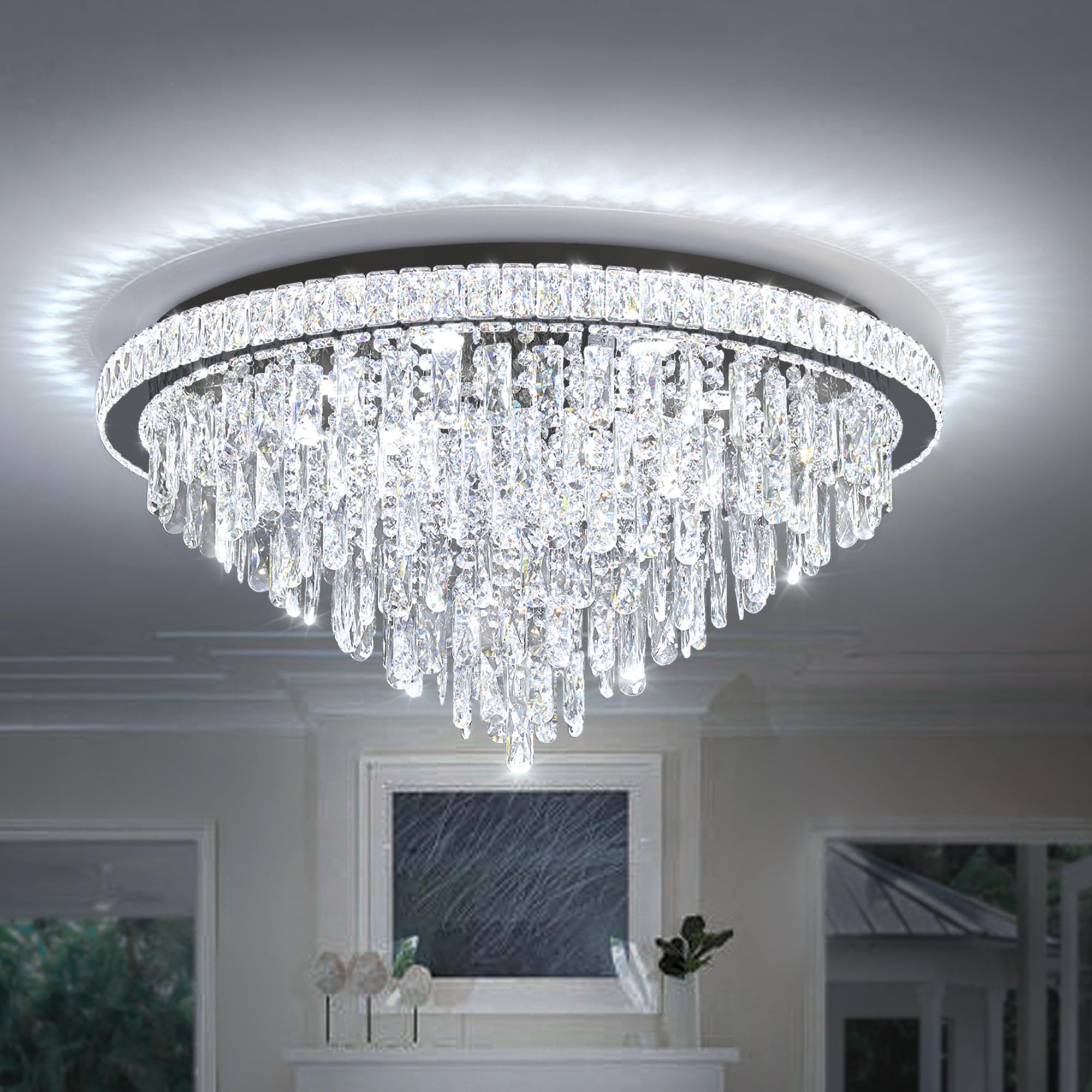 Dia 32" Modern Crystal Chandeliers LED Dimmable Living Room Chandelier Black Pendant Lighting Crystal Ceiling Light Fixture for Entrance Bedroom Hallway Foyer