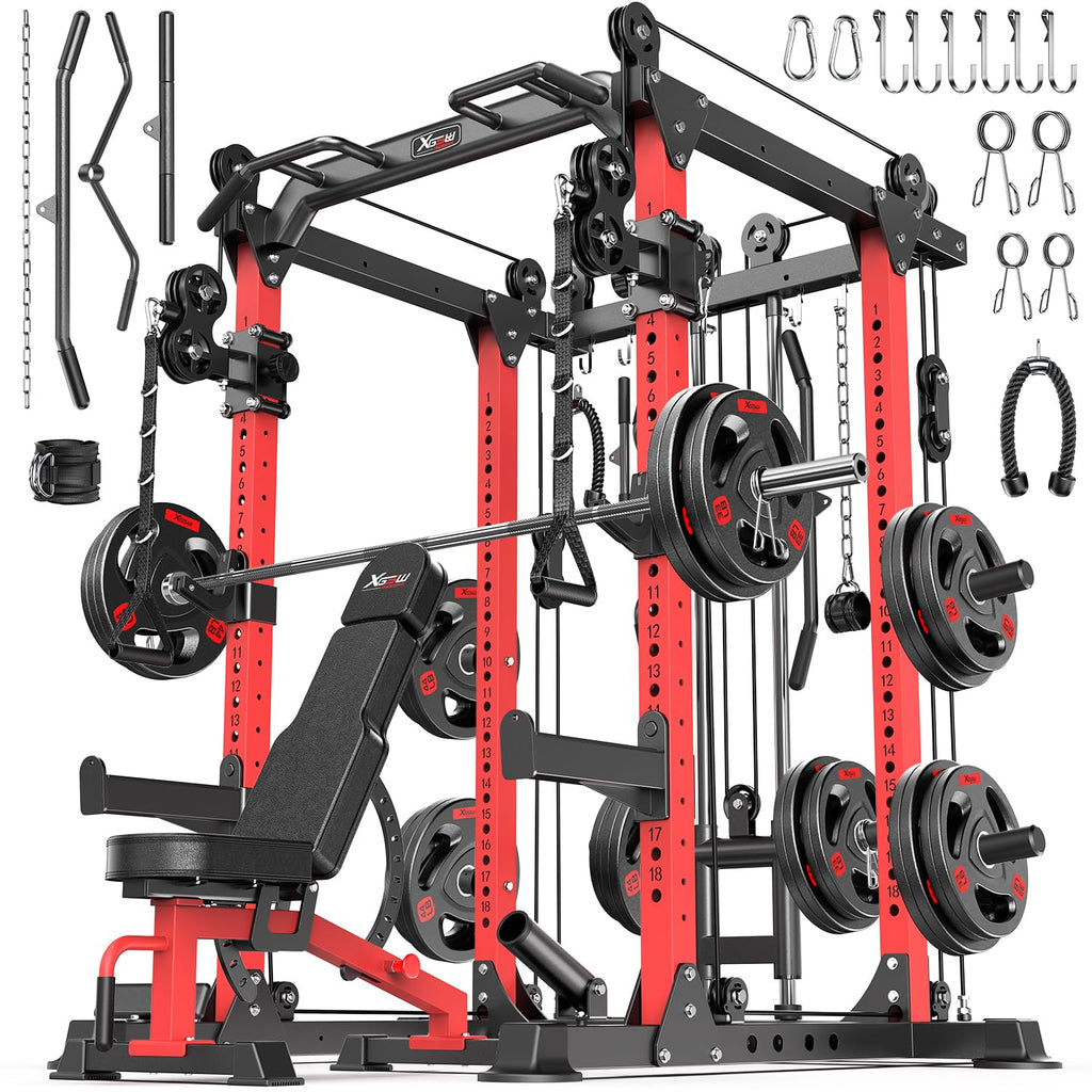 Power Rack Power Cage Multi-Function Squat Rack with Cable Crossover System Selectable More Training Attachment Power Rack for Garage & Home Gym (Red, D Set L02+Weight Bench+（Pole+Cast Iron） 248LBS)