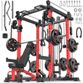 Power Rack Power Cage Multi-Function Squat Rack with Cable Crossover System Selectable More Training Attachment Power Rack for Garage & Home Gym (Red, D Set L02+Weight Bench+（Pole+Cast Iron） 248LBS)