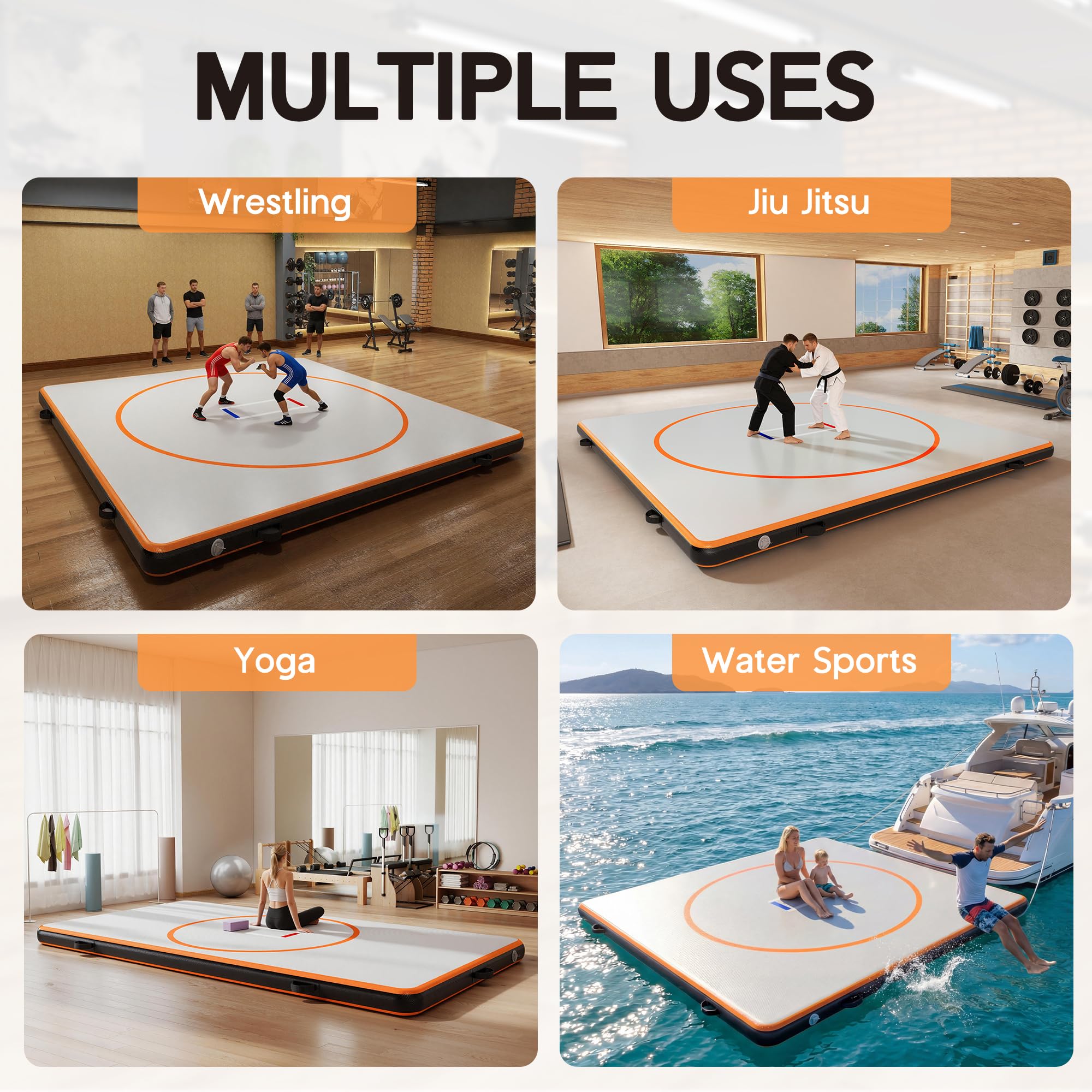 Specraft 10x10 FT Inflatable Wrestling Mat 4" Thick PVC Orange/Gray Waterproof Jiu Jitsu Mats for Jiu Jitsu, BJJ, MMA, Grappling & Water Yoga, Indoor/Outdoor, Includes Dust Bag & Repair Kit