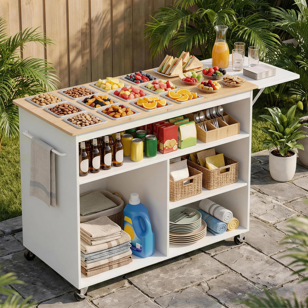 Charcuterie Cart with 12 Stainless Steel Food Pans & Large Storage Space, Mobile Wooden Buffet Cart with Foldable Prep Surface, Pizza Topping & Salad Bar Station, Kitchen Island Includes for Party