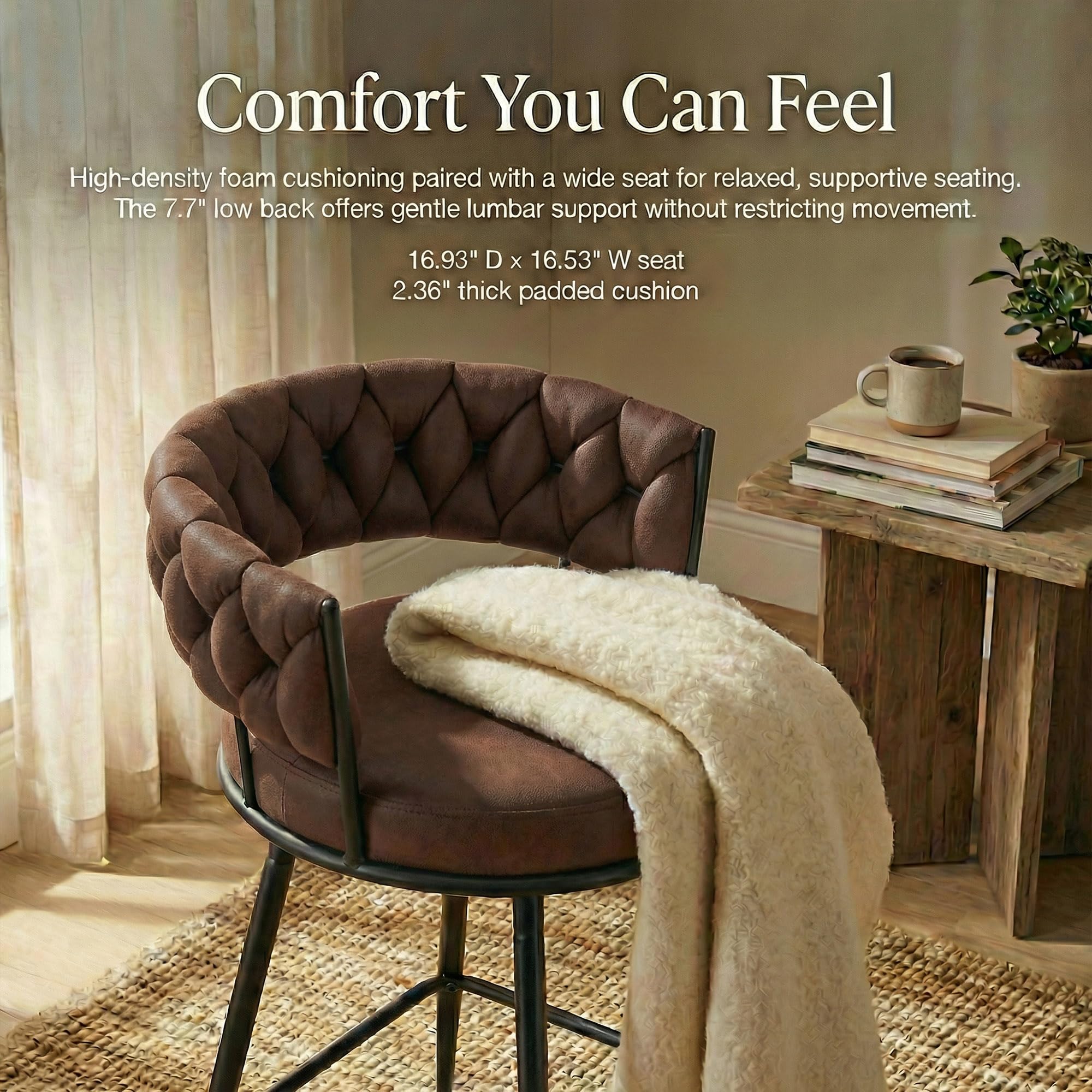 YOUNUOKE 360° Swivel Bar Stools Set of 2, 28 inch Seat Height Barstools with Woven Low Back, Metal Straight Legs with Footrest, Fabric Bar Stool for Kitchen Island, Bar & Pub (2 PCS, Dark Brown)