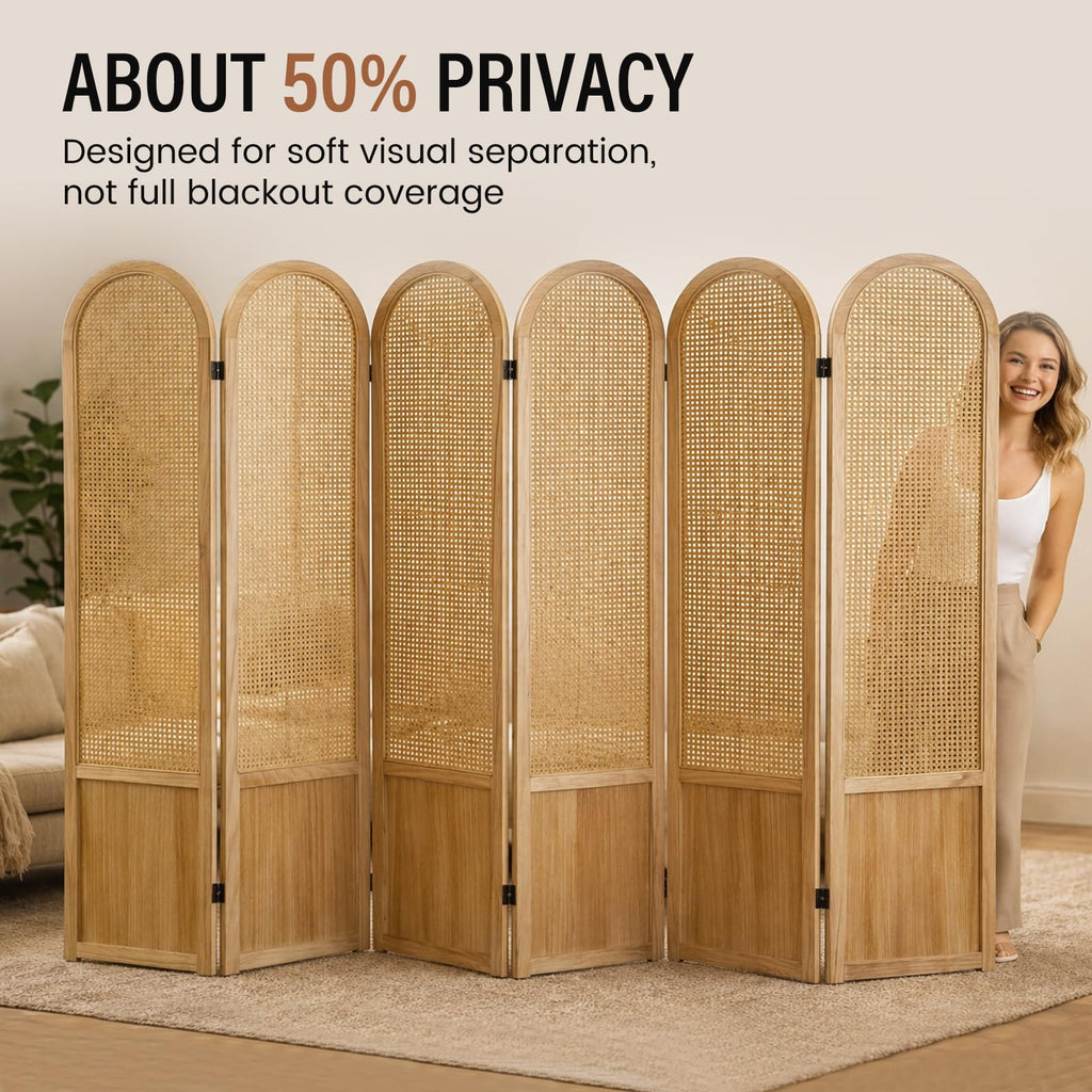 6 Panel Room Divider and Folding Privacy Screen, 5.6 Ft Foldable Double Hinged Rattan Partition, Hand-Woven Rattan Room Divider Portable Wood Freestanding Wall Divider for Room Separation - Natural