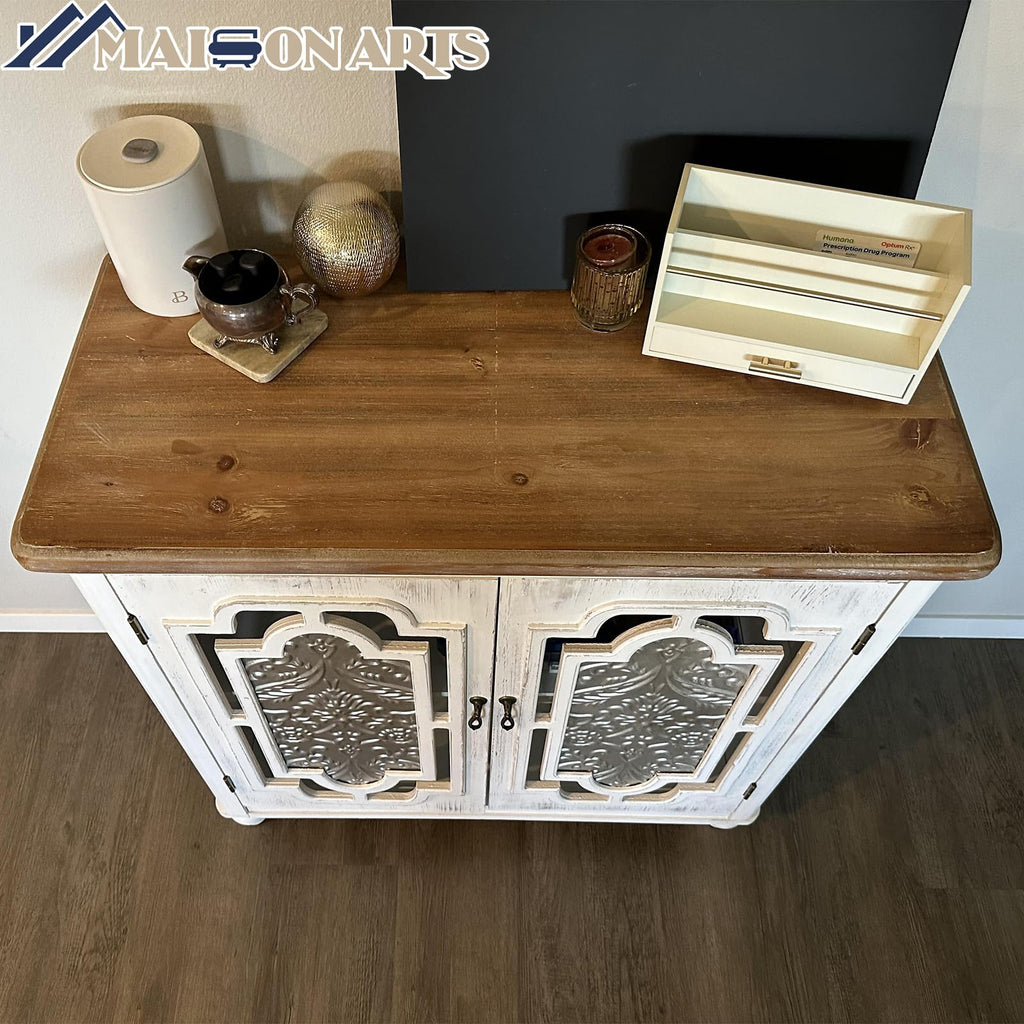 MAISON ARTS Accent Cabinet with 2 Doors, Farmhouse Decorative Storage Cabinet with Solid Wood Frame & Legs for Living Room Entryway Small Sideboard Buffet Cabinet, Metal Embossing Pattern