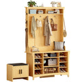 IRONCK Hall Tree with Bench and Shoe Storage, 6-in-1 Entryway Bench with Coat Rack, Adjustable Shelf, Hanging Hooks, 11 Shoe Cubbies, 2-Tier Top Storage, for Entryway, Bedroom, Living Room, Oak