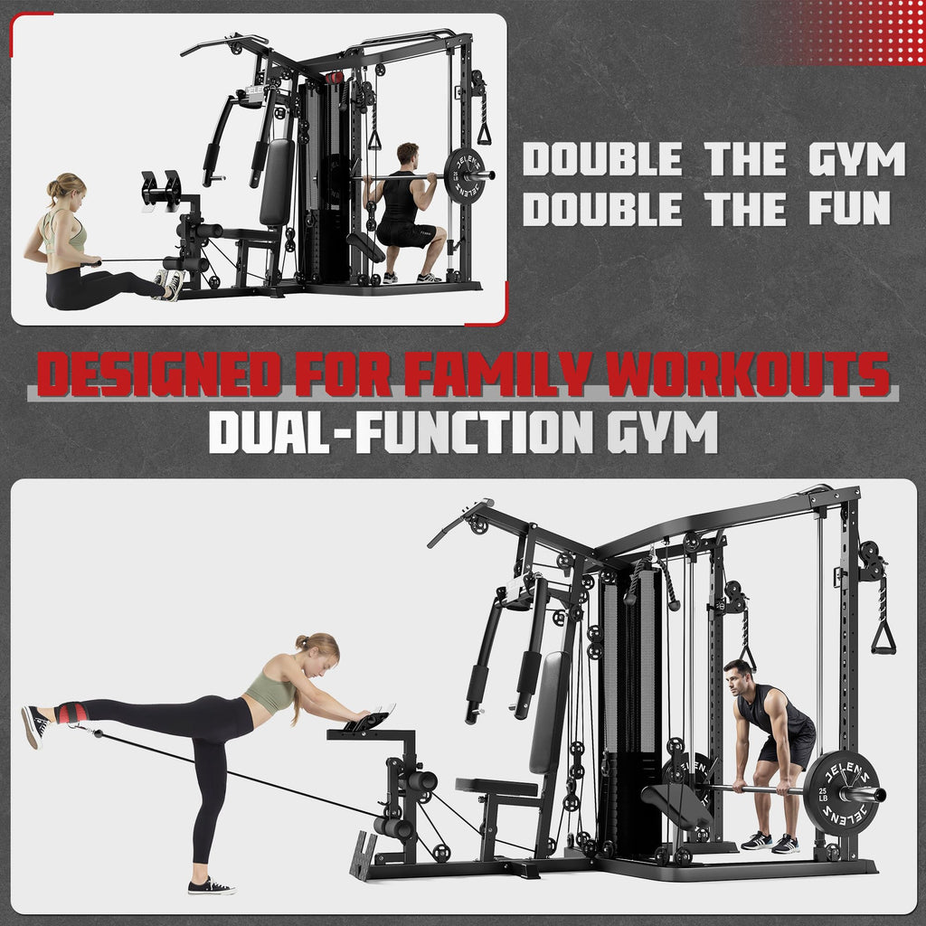 JELENS Home Gym System, 150LB Weight Stack Smith Machine with LAT Pull-Down & Leg Press, All-in-One Strength Training Equipment, Workout Station for Workout (Black, Classical Package)