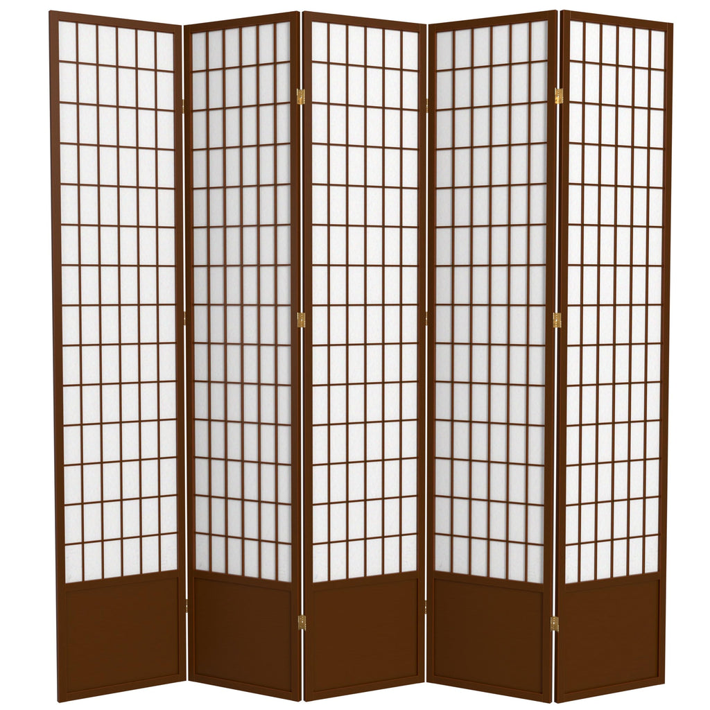 Oriental Furniture 7 ft. Tall Window Pane Shoji Screen - Walnut - 5 Panels
