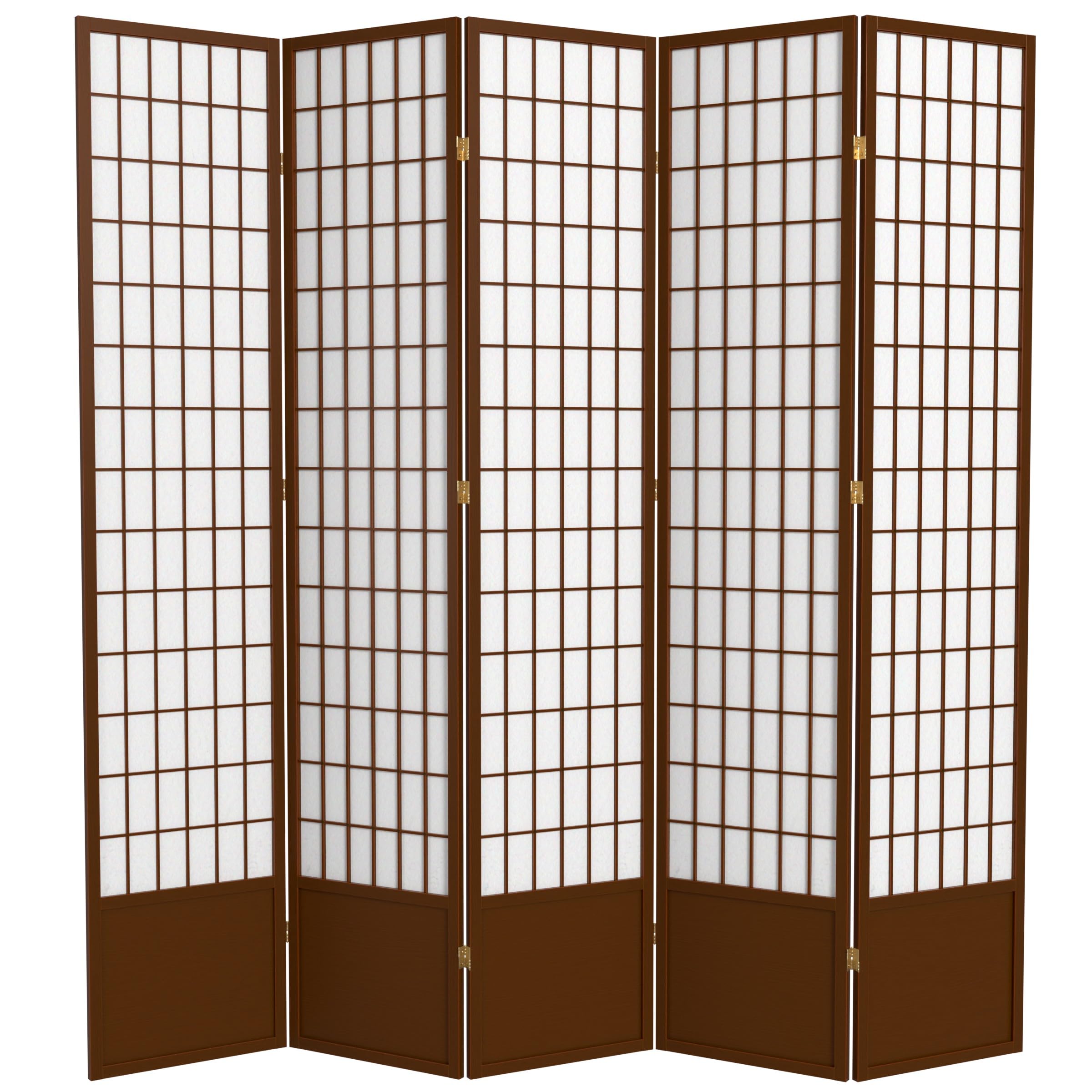 Oriental Furniture 7 ft. Tall Window Pane Shoji Screen - Walnut - 5 Panels
