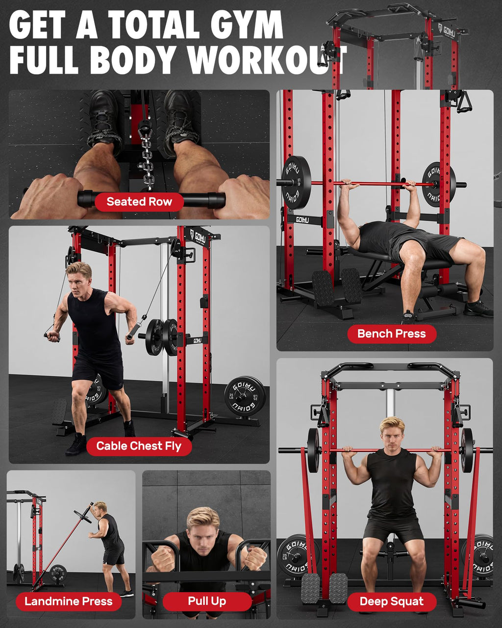 GOIMU RH01 Power Cage Rack, 2000LBS Squat Rack with with Cable Crossover System&LAT Pull Down System, Multi-Function Workout Cage for Home&Garage Gym (Red, RH01 Power Cage)