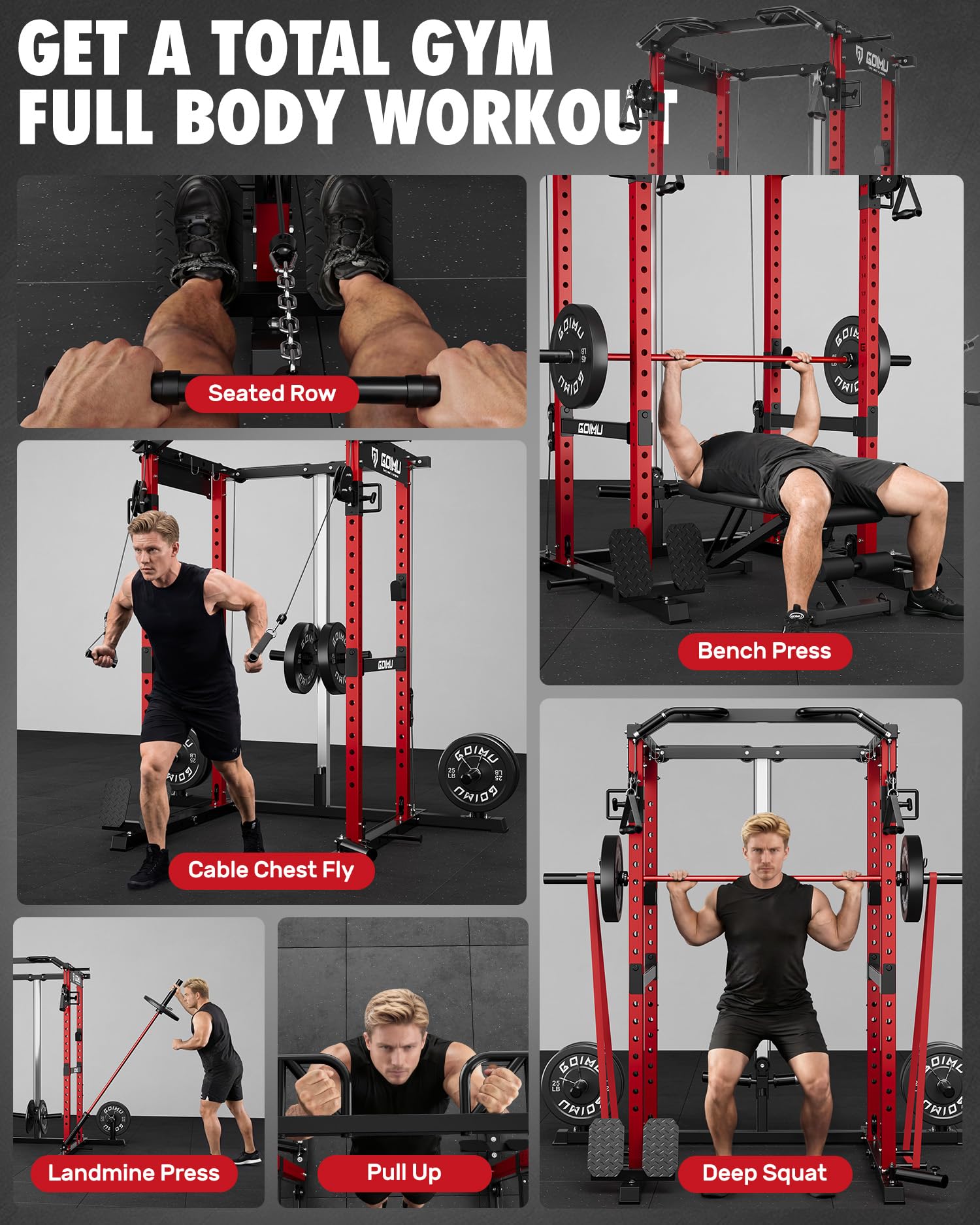 GOIMU RH01 Power Cage Rack, 2000LBS Squat Rack with with Cable Crossover System&LAT Pull Down System, Multi-Function Workout Cage for Home&Garage Gym (Red, RH01 Power Cage)