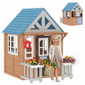 Qaba Outdoor Playhouse with Pet Door, Wooden Kids Playhouse with Play Kitchen, Mailbox, Doorbell, Birdhouse, Fence and Windows for Garden, Backyard, Indoor Playroom Pretend Play, Ages 2+, Brown