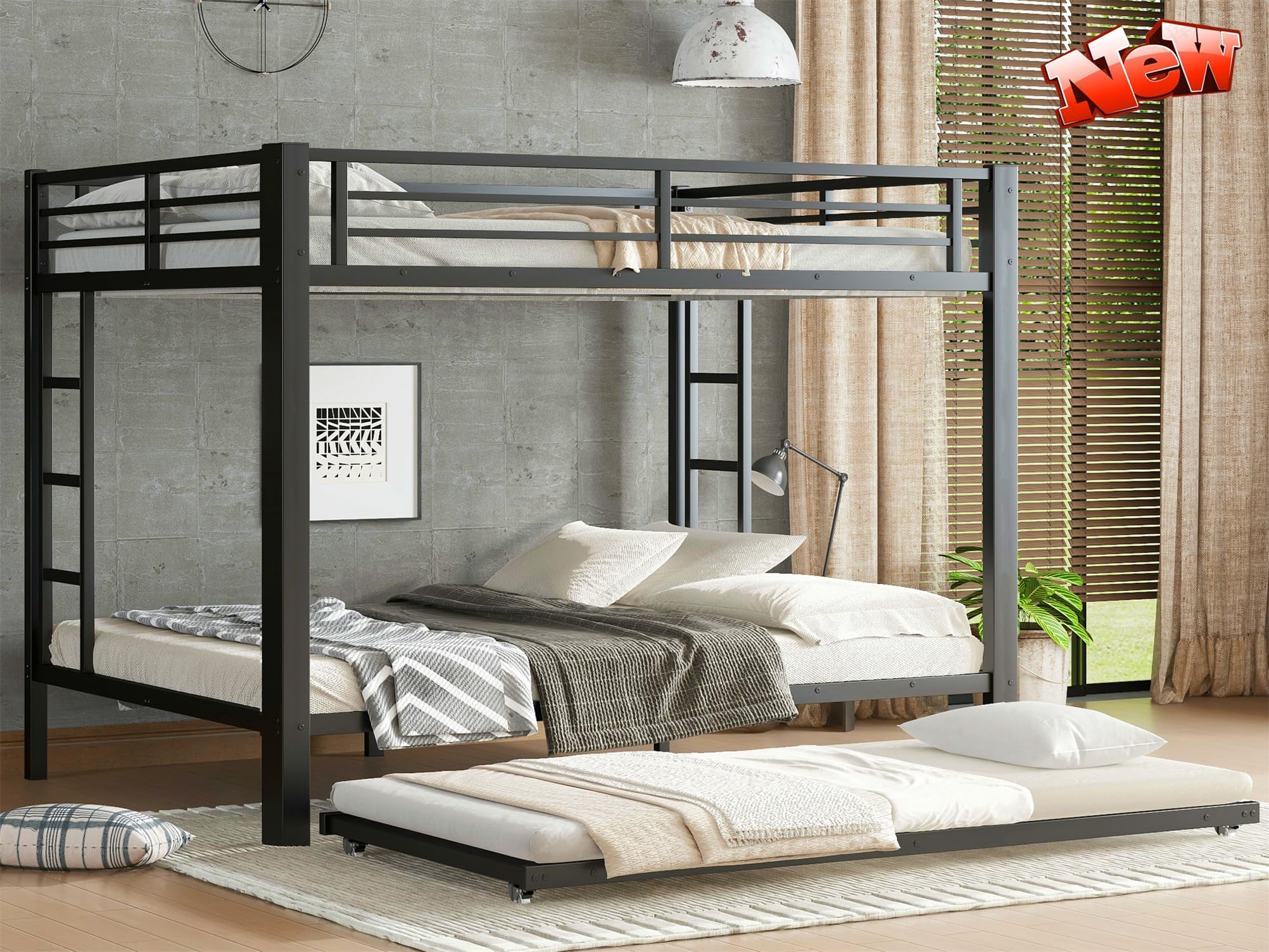 NOAHLEO Stronger & Safer Heavy Duty Metal Queen Over Queen Size Bunk Bed for Adults Teens, More Stable Thickened Steel Bunkbed (Queen Over Queen with Twin Trundle)