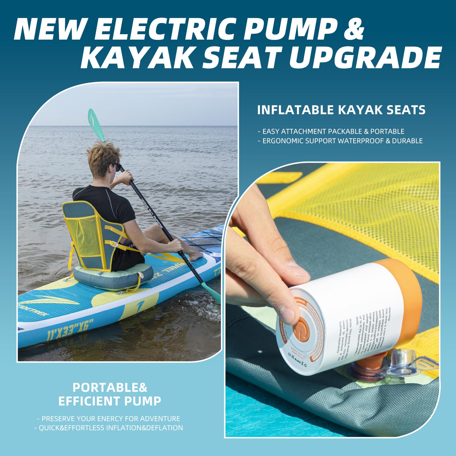 TIDETREK 11'/11'6" x 33"/34" x 6" Inflatable SUP Paddle Board – Extra-Wide, Stable Stand Up Paddle Board with Premium Full Accessory Set for Adults & Youth (Blue Turtle/Kayak Seat, 11'x33 x6)