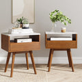 Nathan James Mid-Century James Faux White Marble Accent Side or End Table with Walnut Finish and Marble Table-top with Storage, White/Brown, Set of 2
