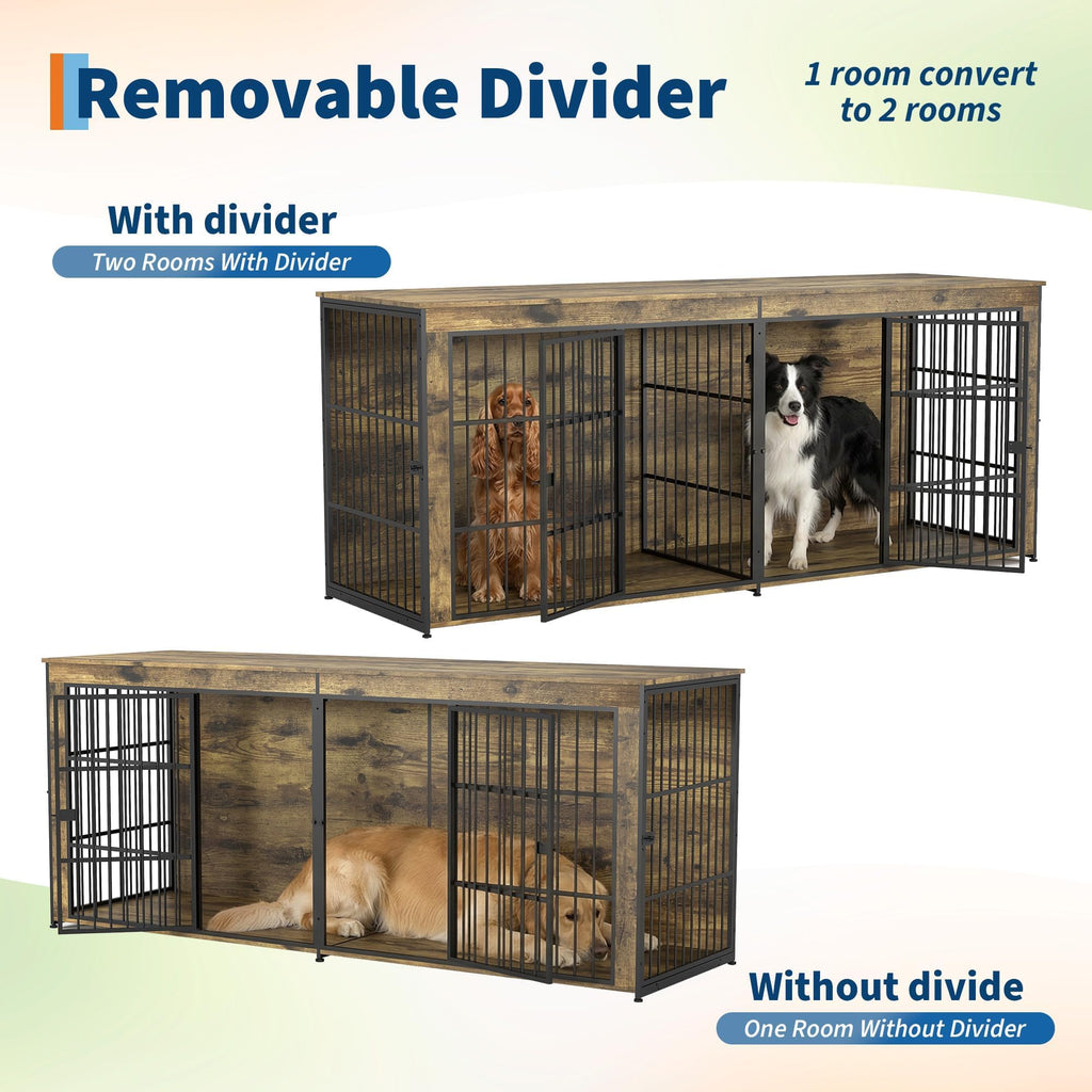 94.5" Dog Crate Furniture, Dog Kennel Furniture with Divider, Lockable, Wooden Crate TV Stand End Table for Large Medium Dogs, Rustic