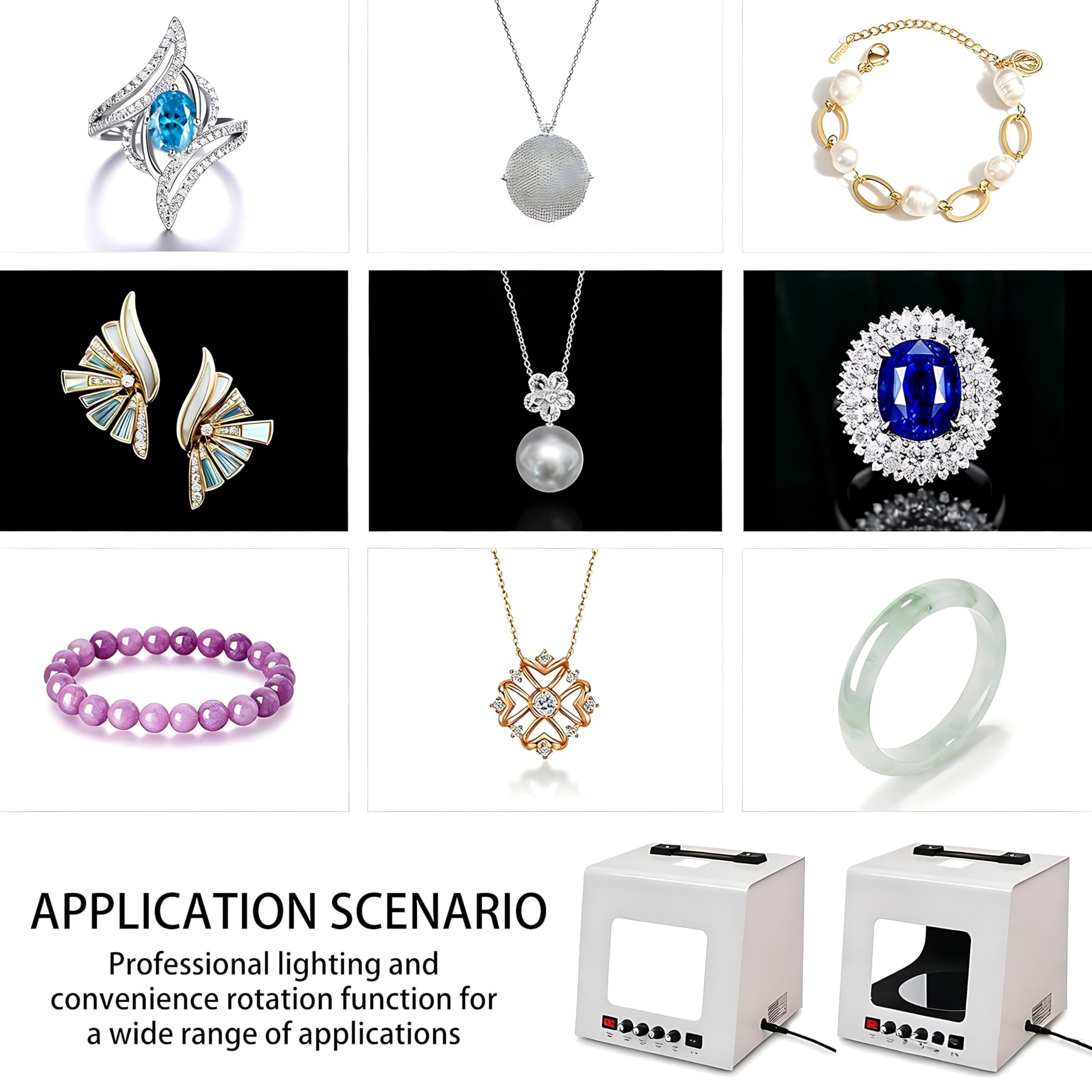 QIUNAOZI Jewelry Hanging Photography Kit, Pro Jewelry Photography Light Box Kit, Turntable Diameter 11/15cm, 4pcs Fill Lights, with 360° Electric Rotating Feature, for Jewelry, Small Items White-TB30