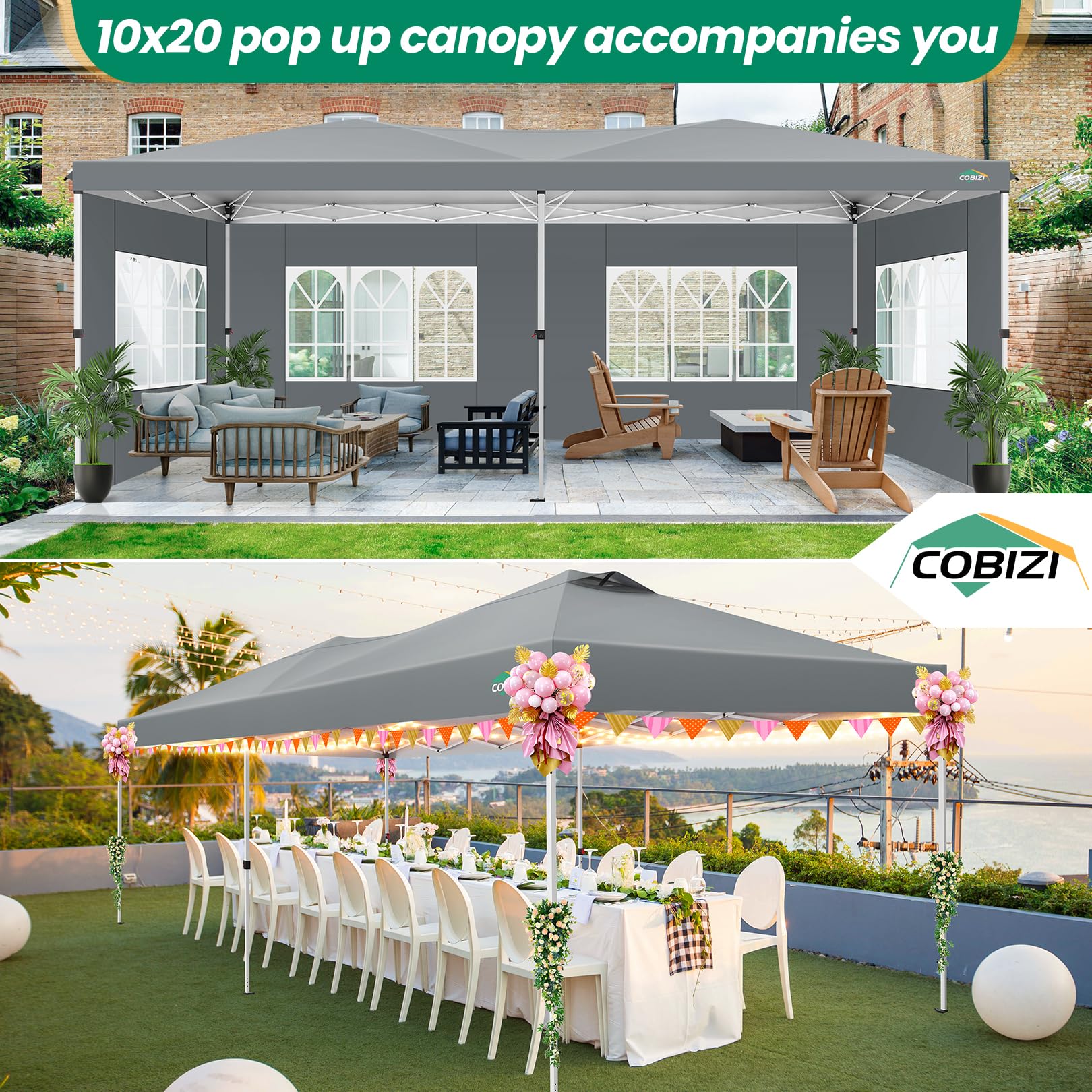 COBIZI Canopy 10x20 Pop Up Canopy Tent with 6 Sidewalls, One Push Party Tents for Parties Outdoor Wedding Waterproof Gazebo Commercial Event Tent with Sandbags, Grey