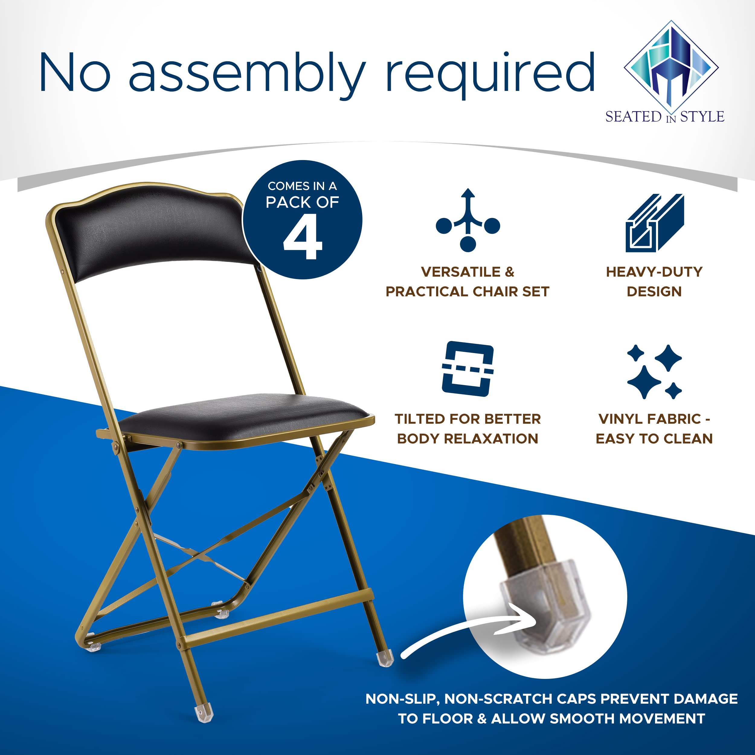 Premium Folding Chairs 4 Pack - Narrow 15" Seat, Padded Seat & Back - Folds Ultra Slim (~1 Inch) - Elegant Event Seating for Weddings, Parties & Dining Gold Frame Black Vinyl