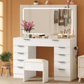 IDEALHOUSE Large Vanity Desk with Mirror, Clear Glass Top, Stool, LED Lights and Power Outlet, 45'' Width Makeup Vanity Table Set with 10 Drawers for Bedroom Dressing Room