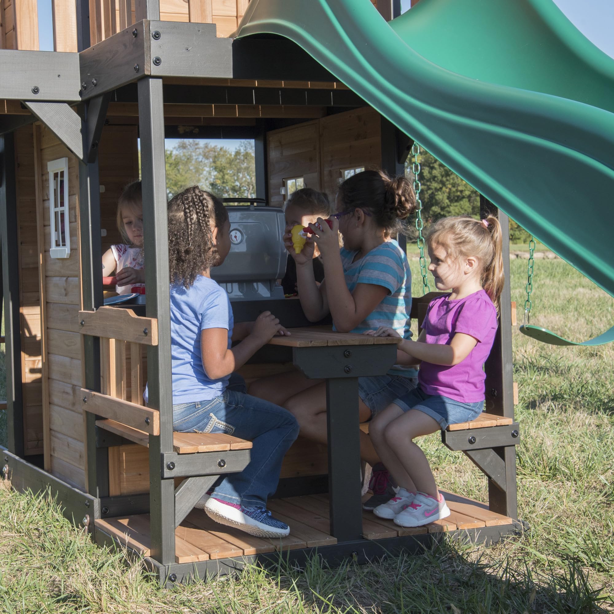 Backyard Discovery Canyon Creek Cedar Wood Swing Set with Wave Slide, Clubhouse, Play Kitchen, Picnic Area, Belt Swings, Web Swing, Rock Wall, Balconies, Playhouse, Step Ladder, Outdoor Playset