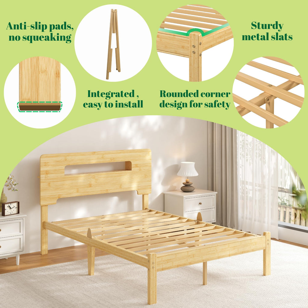 Askeld Wood Full Bed Frame with Storage Shelf Headboard, 14 Inch High Bamboo Platform Bed No Box Spring Needed, Mid-Century Heavy Duty Bedframe, Easy Assembly, Noise Free