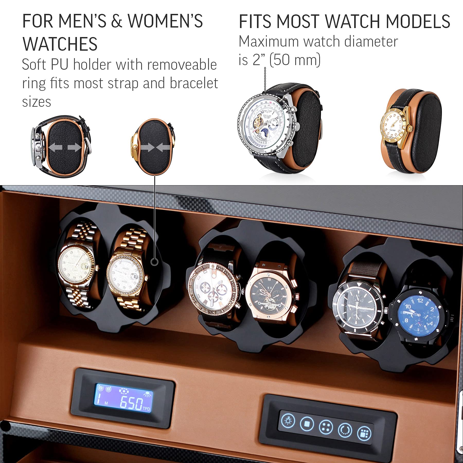 Automatic Watch Winder with 6 Storage Slots, LED Light and Automatic Motor-Stop Option