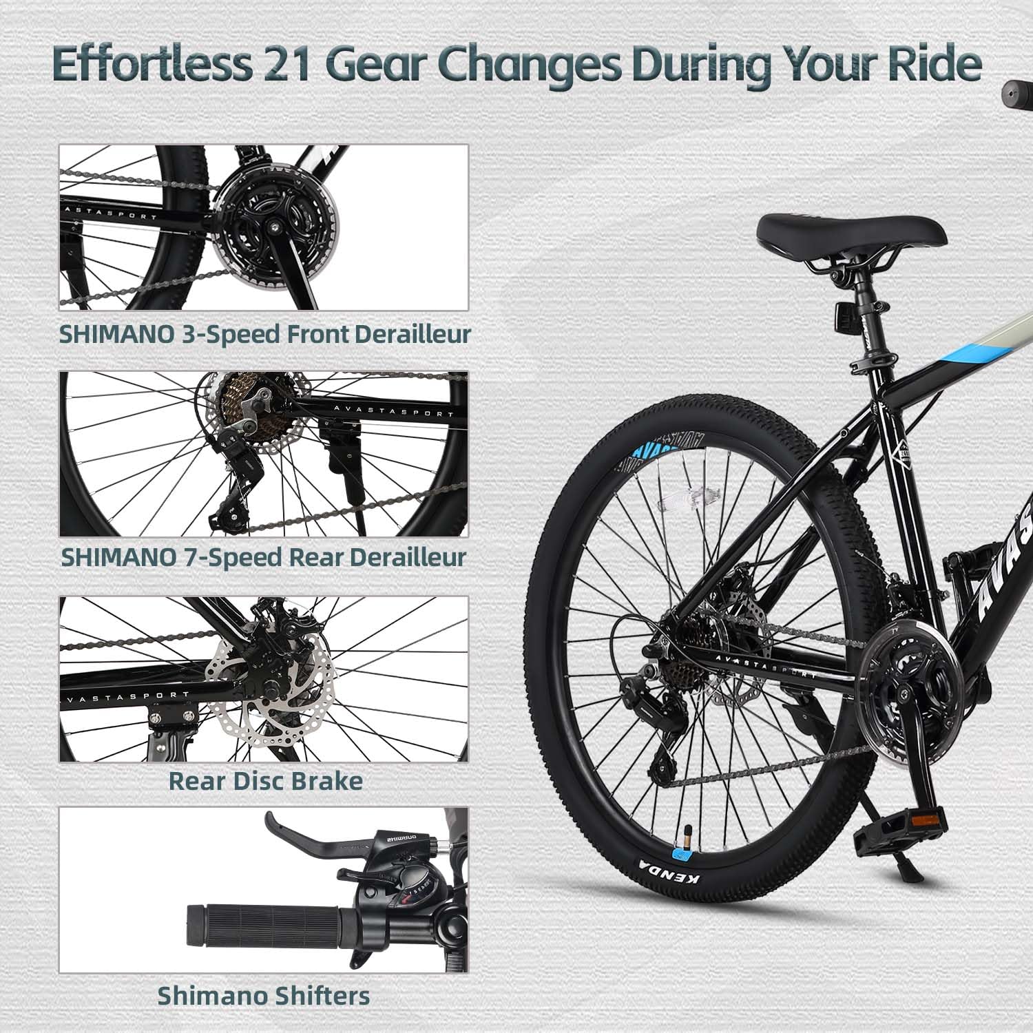 AVASTA 26-inch Mountain Bike for Man Male and Woman Female Adult with Lightweight Aluminum Alloy Frame and Dual Disc Brakes,Front Suspension,21-Speed Gear Shifters,Hidden Brake Cables,Grey