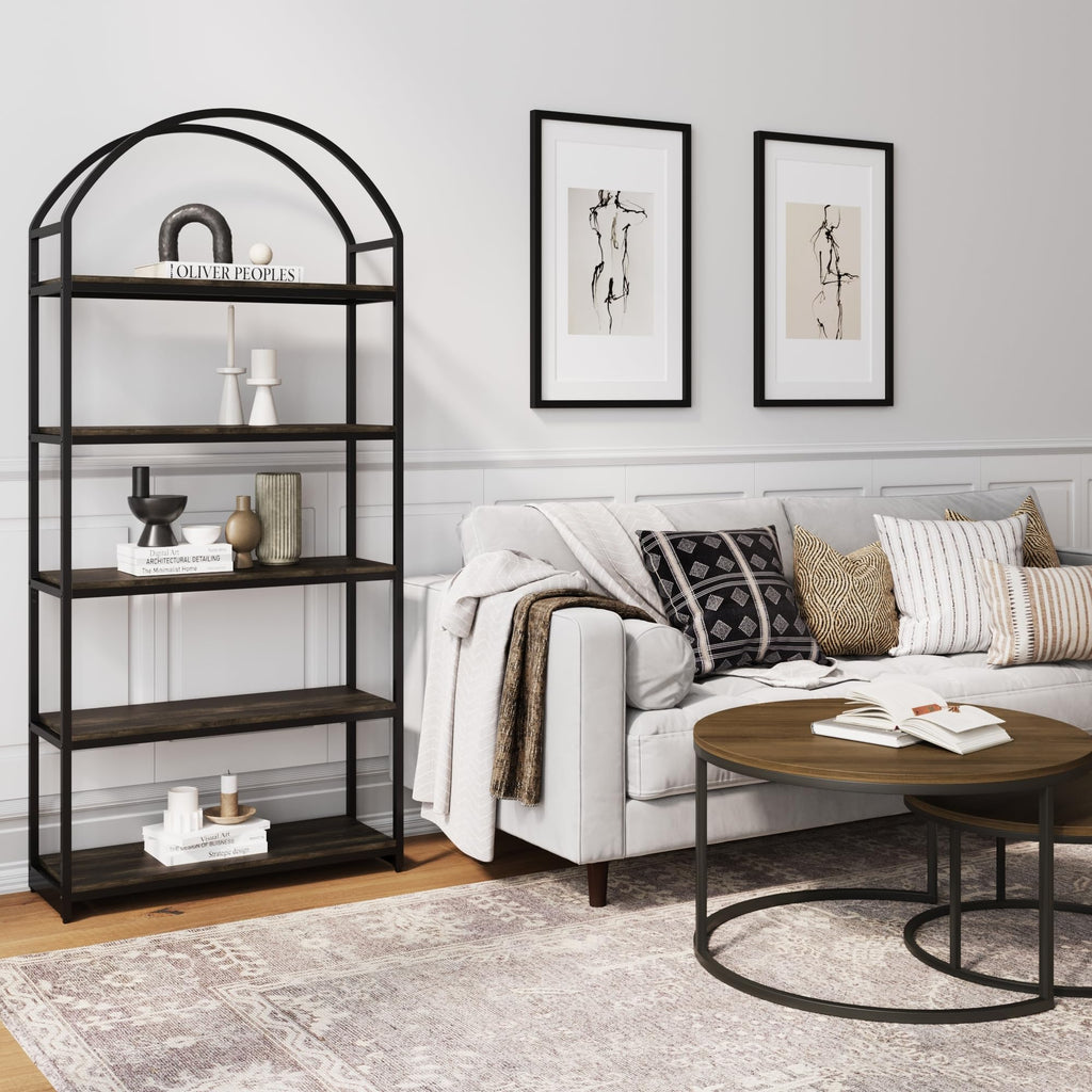 Nathan James Haven Etagere Bookshelf, 5-Shelf Bookcase in Nutmeg Wood and Black Metal Frame with Arch Top and Open Shelves, Nutmeg/Black