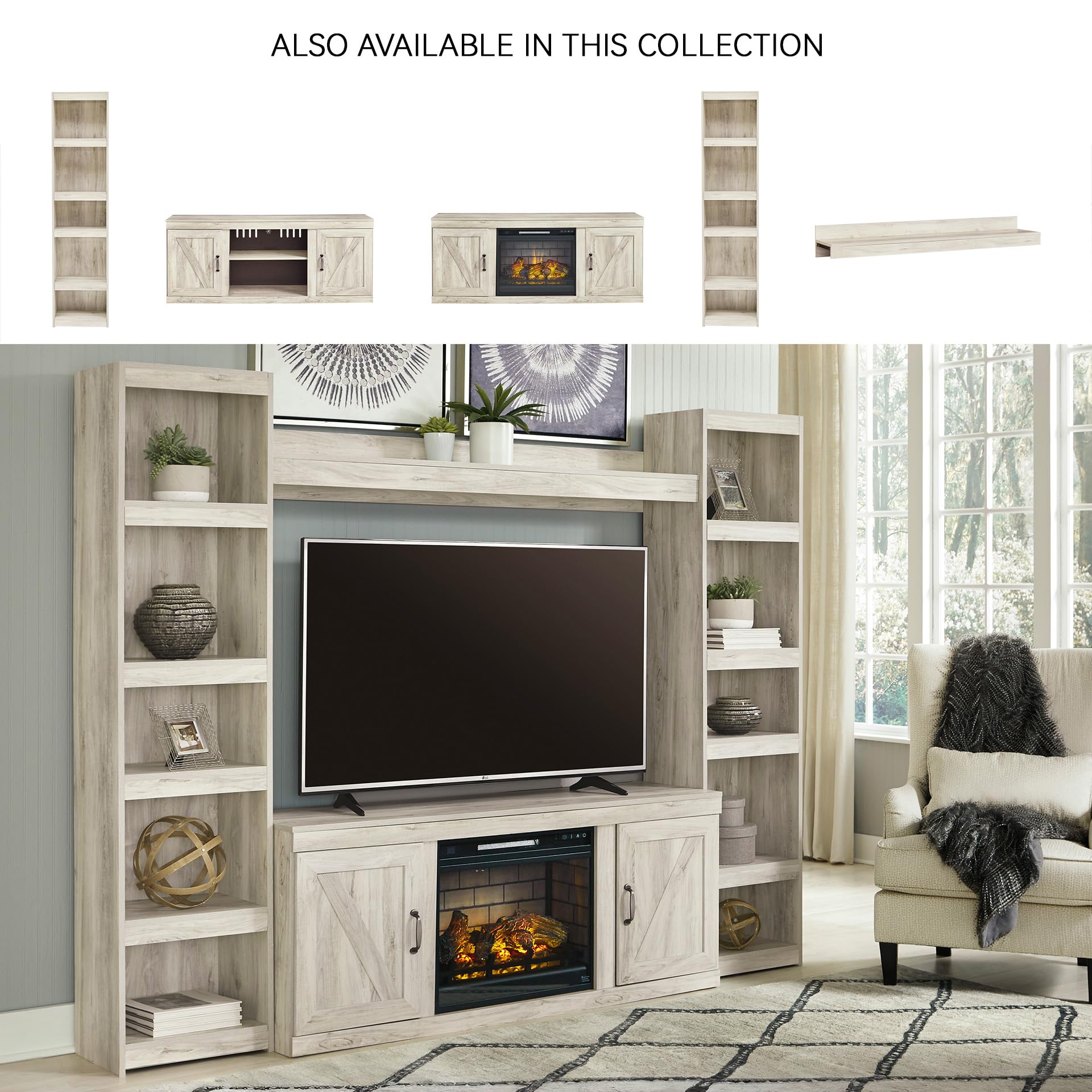 Signature Design by Ashley Bellaby Farmhouse 4-Piece Entertainment Center for TVs up to 69" with Electric Fireplace, Whitewash