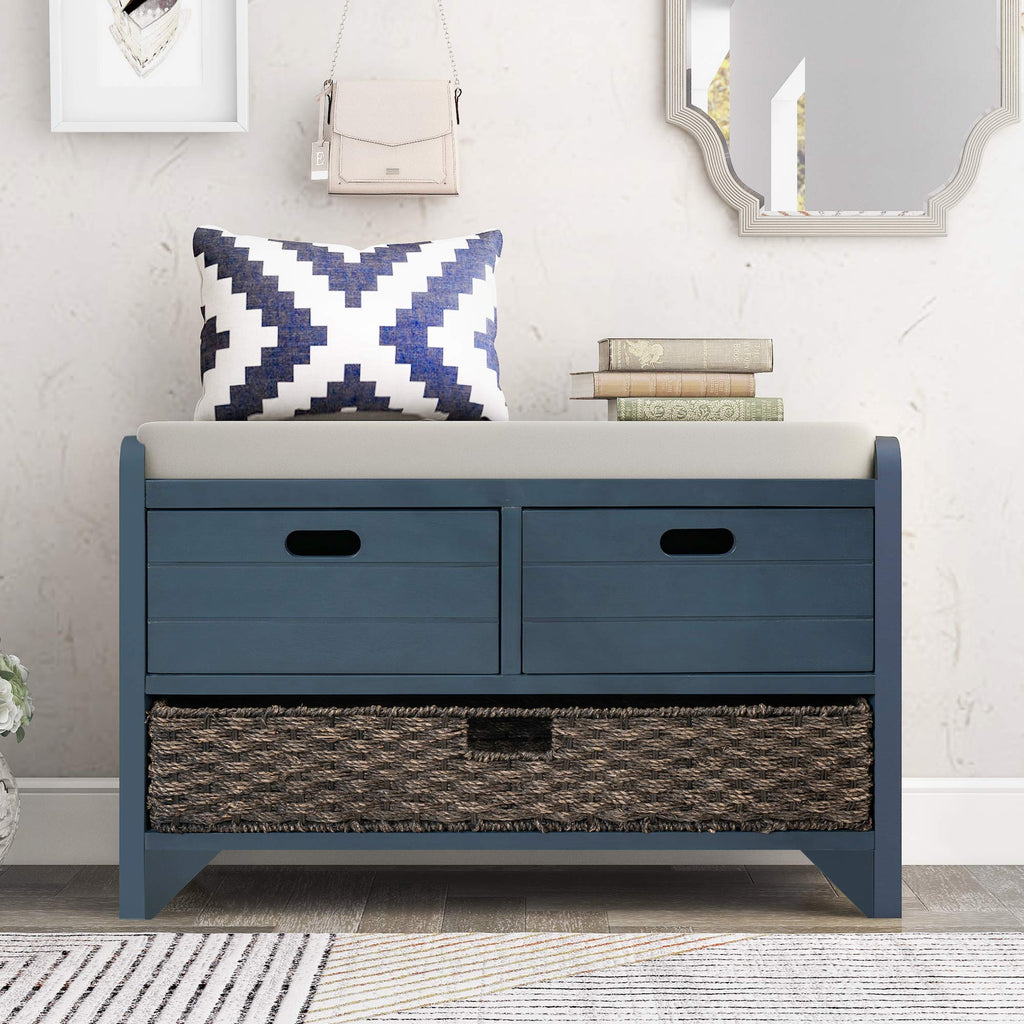 GDFStudio 2-Tier Shoe Storage Bench with Removable Basket & 2 Drawers, Farmhouse Entryway Shoe Organizer Bench with Upholstered Cushion, Wood Entry Bench Fully Assembled for Hallway Living Room, Navy