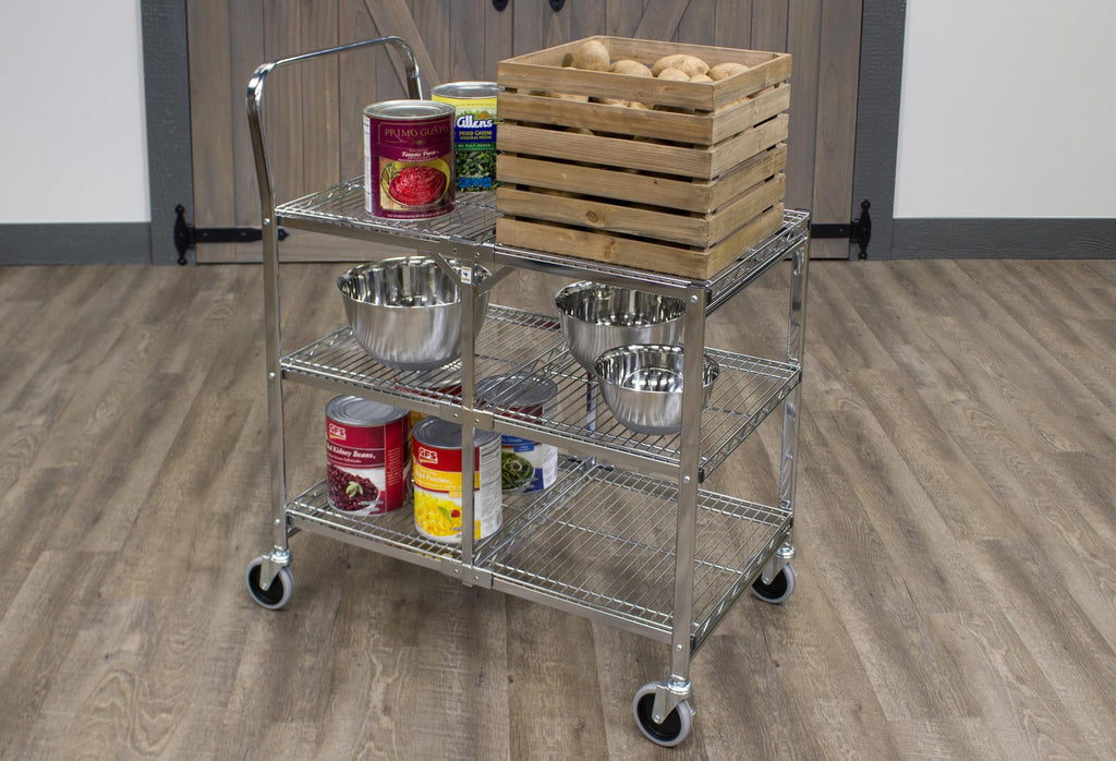 Luxor WSCC-3 Three-Shelf Collapsible Wire Utility Cart, Push Heavy Duty, 4" Thermoplastic Rubber Casters Two with Locking Brakes,Holds 300 lbs. and Folds Up for Storage, 37"W x 18.25"D x 30.5"H