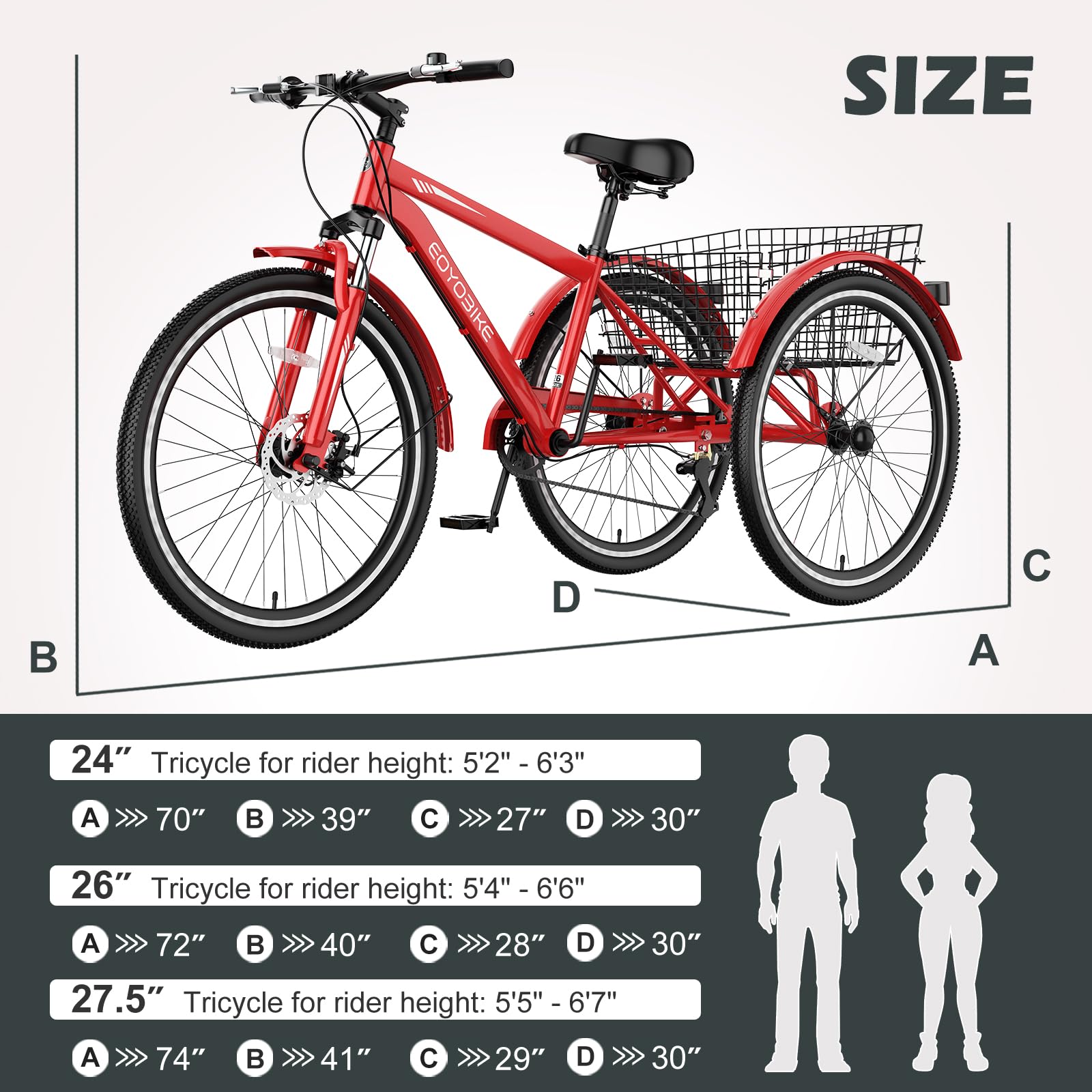 H&ZT Adult Tricycle, 3 Wheeled Bike, Trike Cruiser Bike, with 7-Speed Gear, Parking Brake Handle, Low Step, Large Rear Basket, Elderly Friendly, for Men, Women, and Teens