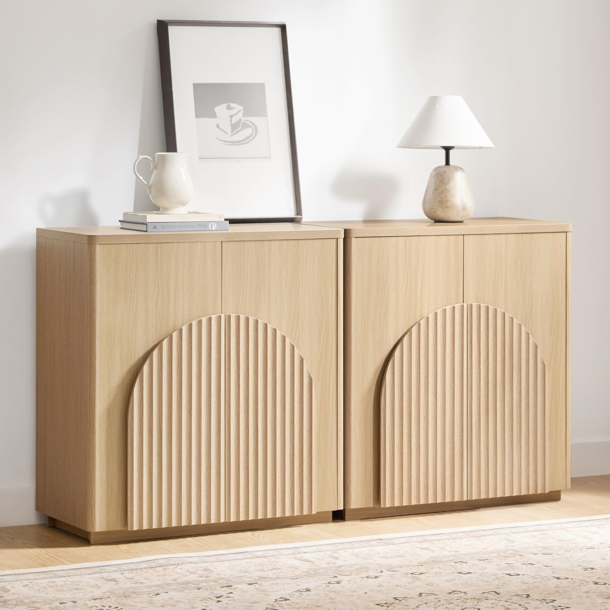 CHITA Sideboard Buffet Cabinet with Storage, Small Storage Cabinet with Doors and Shelves for Living Room Accent, Bar, Kitchen, Set of 2, Oak