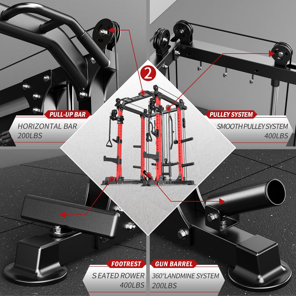 Power Rack Power Cage Multi-Function Squat Rack with Cable Crossover System Selectable More Training Attachment Power Rack for Garage & Home Gym (Red, D Set L02+Weight Bench+（Pole+Cast Iron） 248LBS)