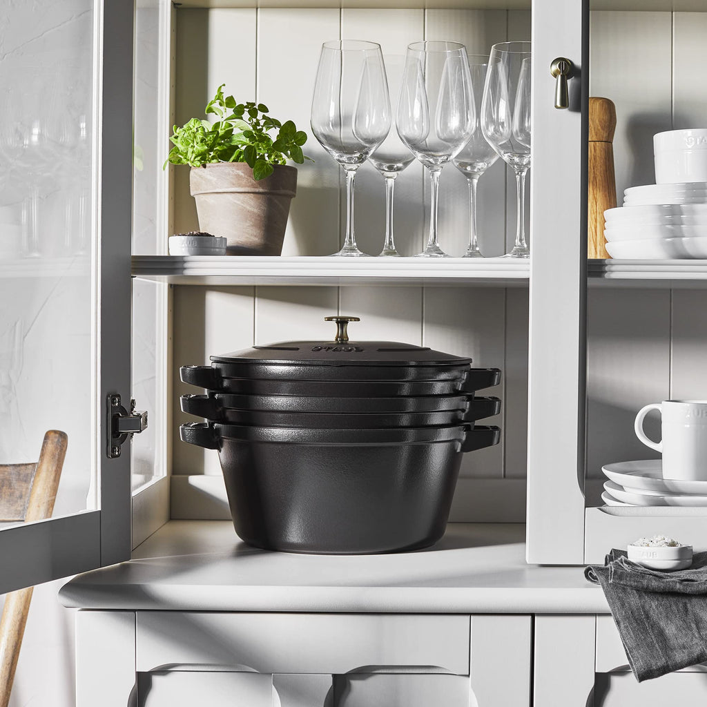 STAUB Cast Iron Set 4-pc, Stackable Space-Saving Cookware Set, Dutch Oven, Skillet, Grill Pan with Universal Lid, Made in France, Matte Black